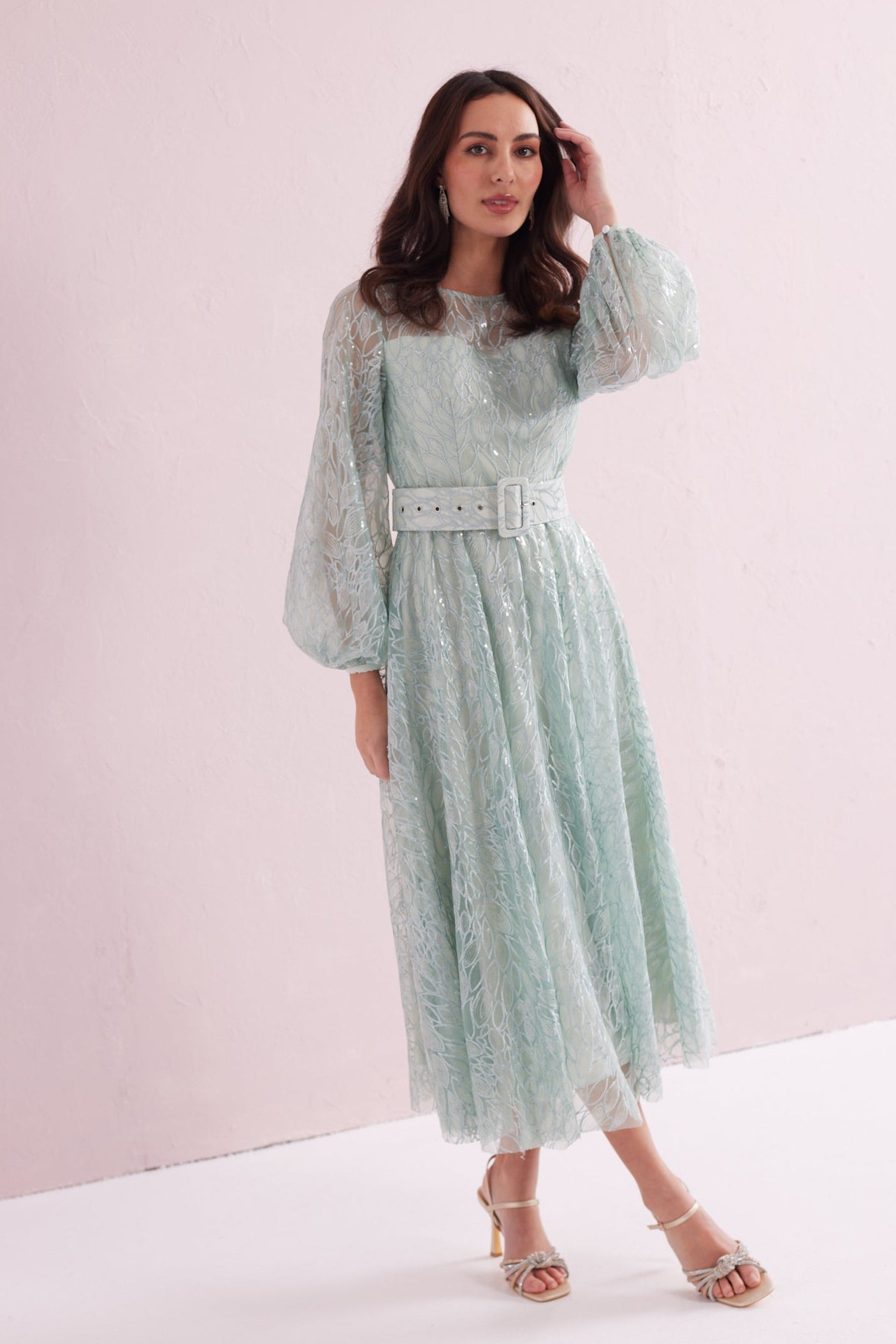 GRACE Mint Sequin and Embroidered Prom Dress.