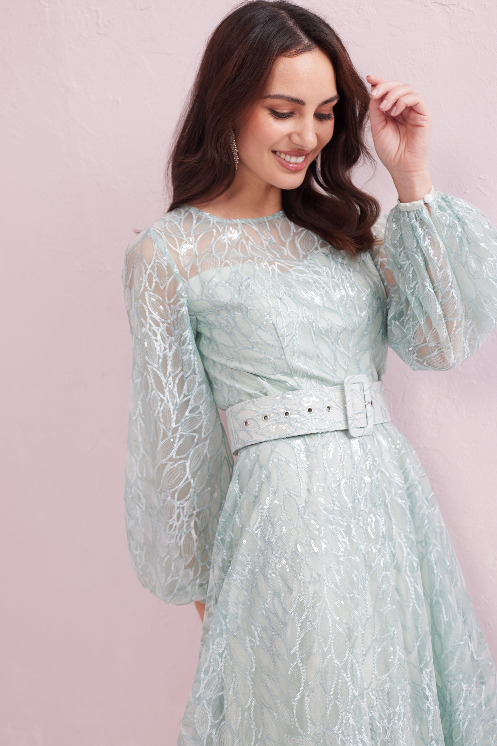 GRACE Mint Sequin and Embroidered Prom Dress.