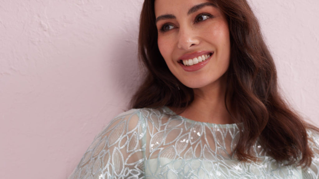 GRACE Mint Sequin and Embroidered Prom Dress.