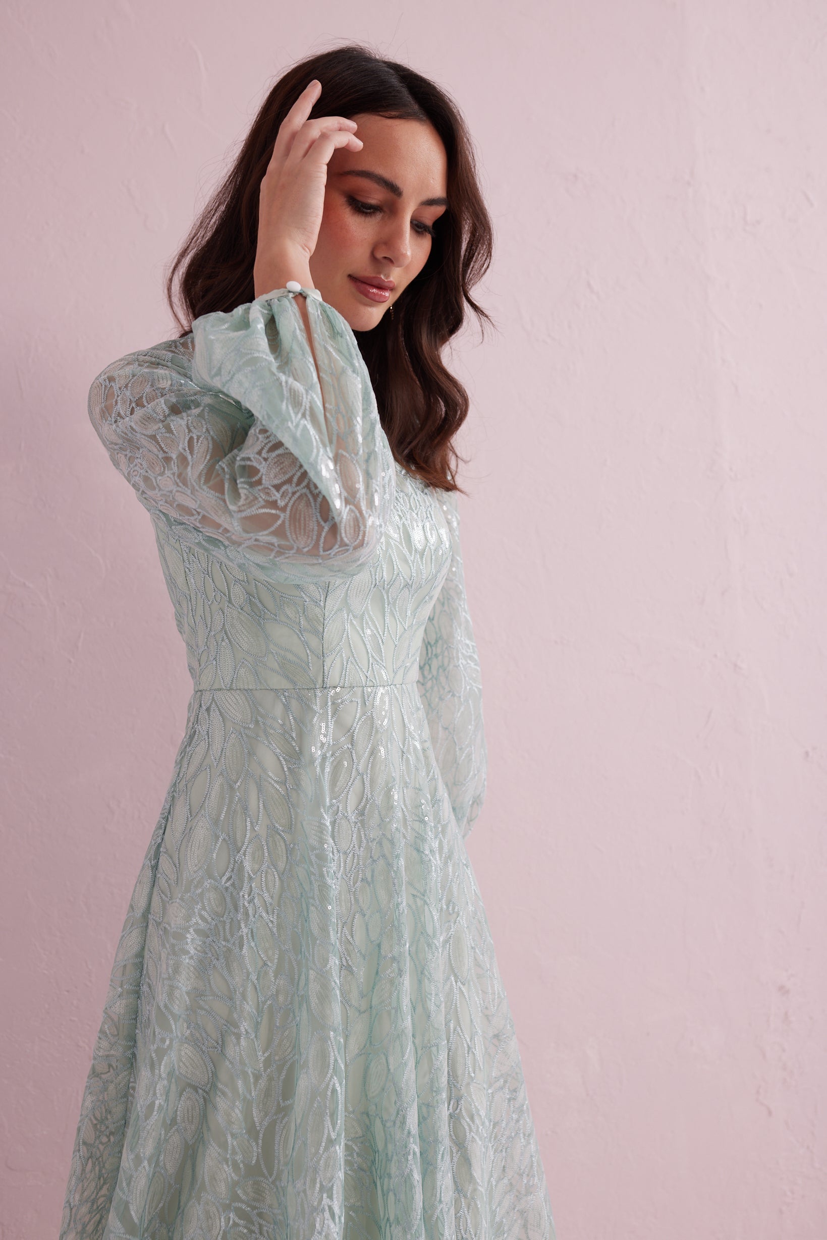 GRACE Mint Sequin and Embroidered Prom Dress.