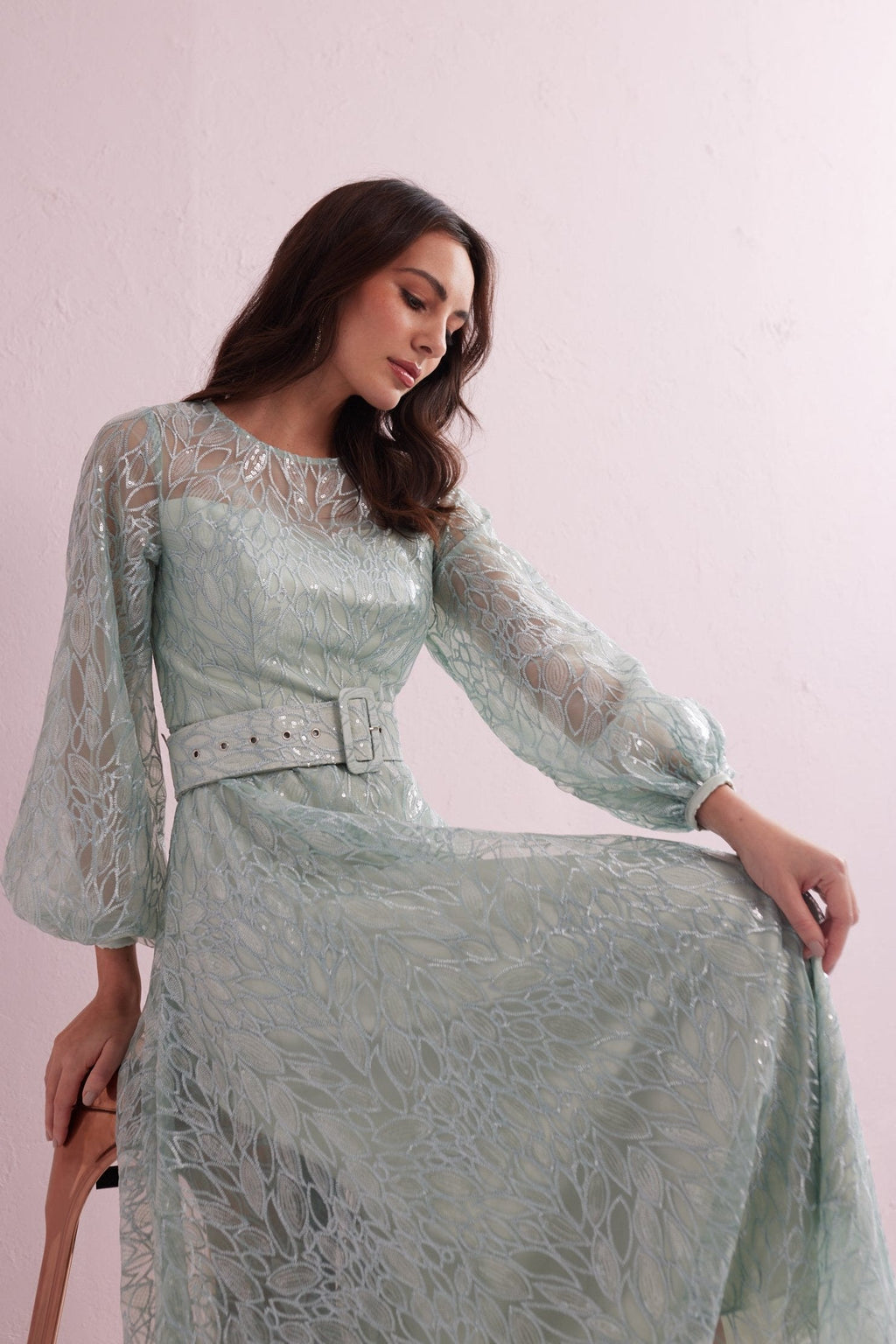 GRACE Mint Sequin and Embroidered Prom Dress.