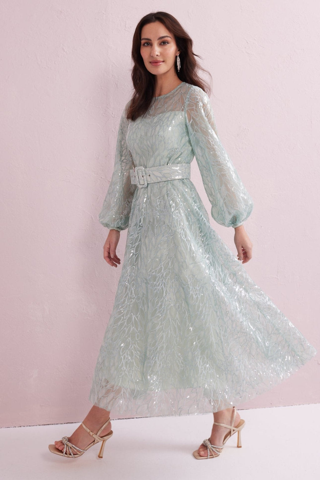 GRACE Mint Sequin and Embroidered Prom Dress.