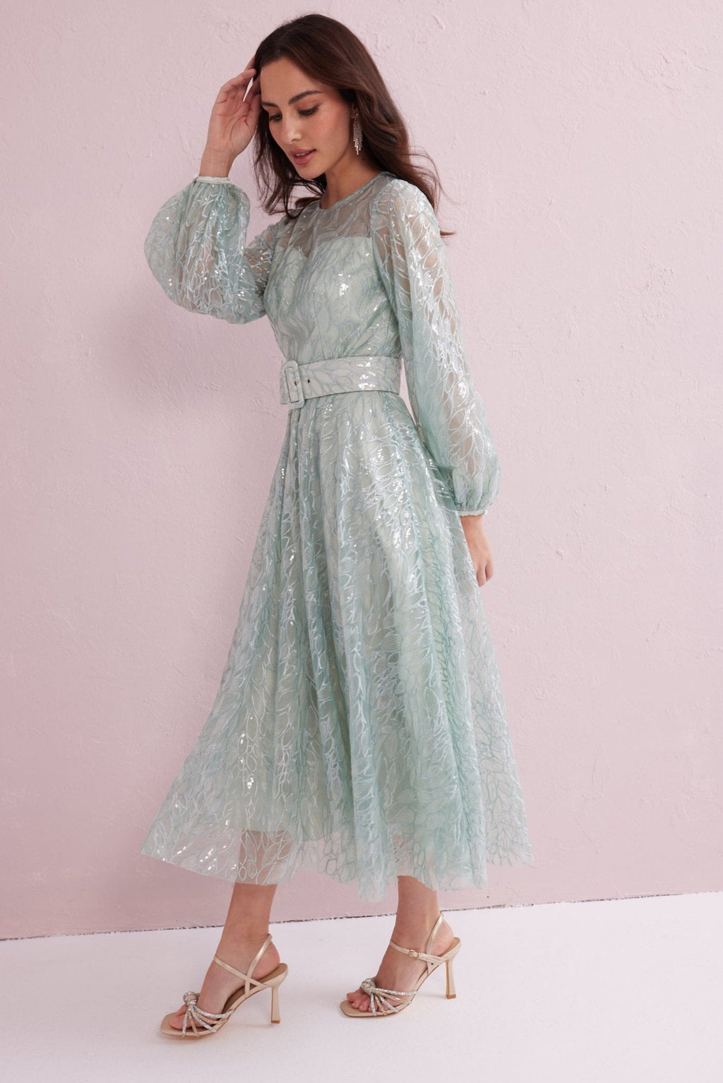 GRACE Mint Sequin and Embroidered Prom Dress.