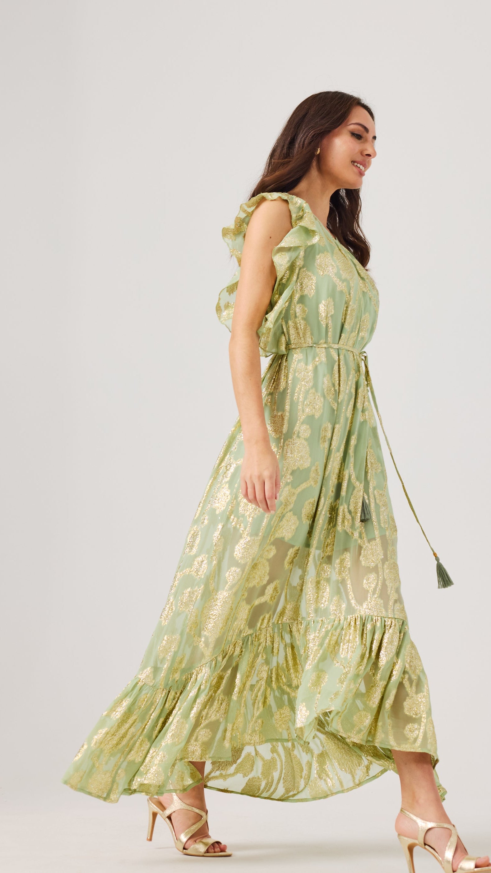 HALLIE - Green gold jacquard dress