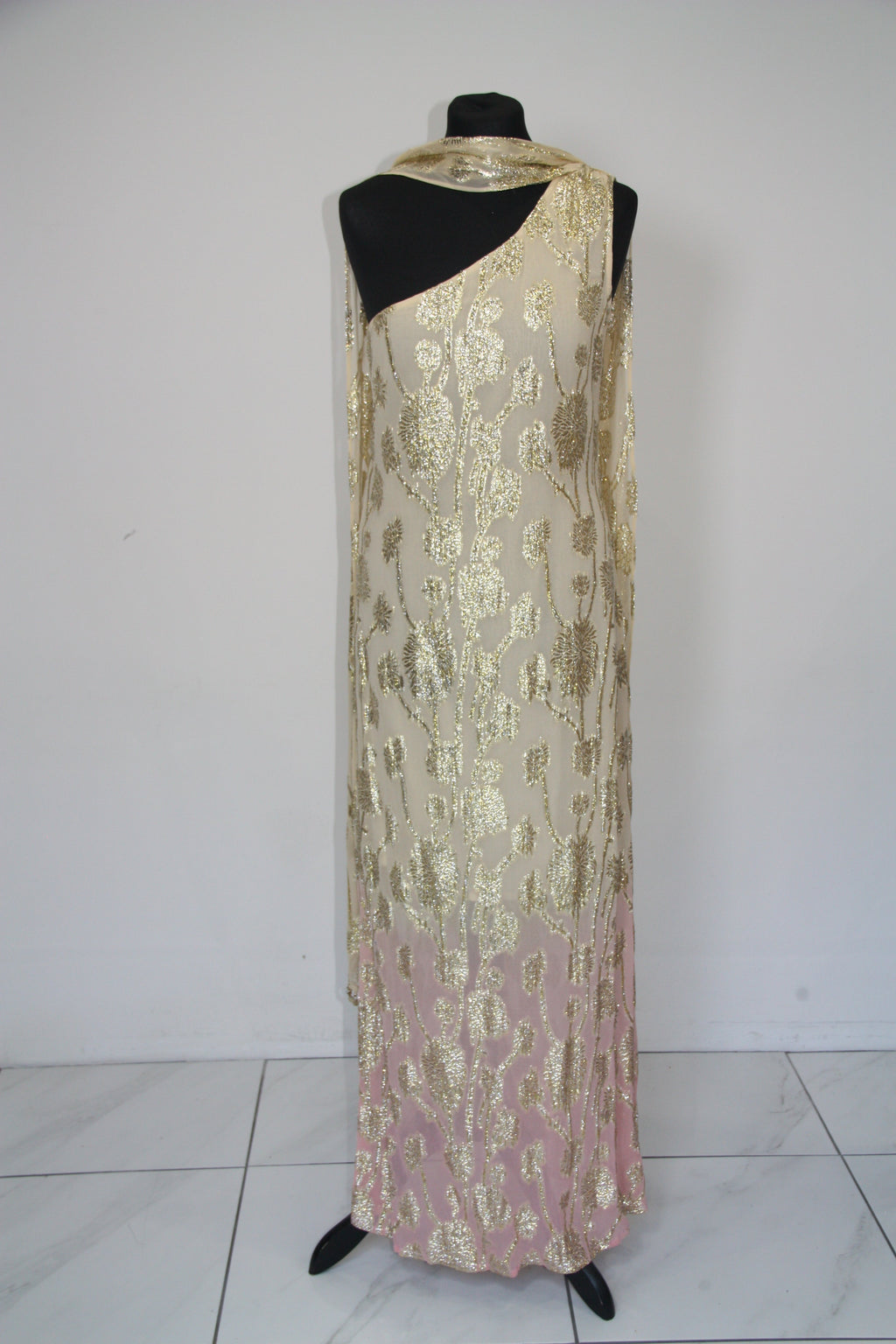 LAYLA Gold Ombre metallic jacquard Dress with scarf.