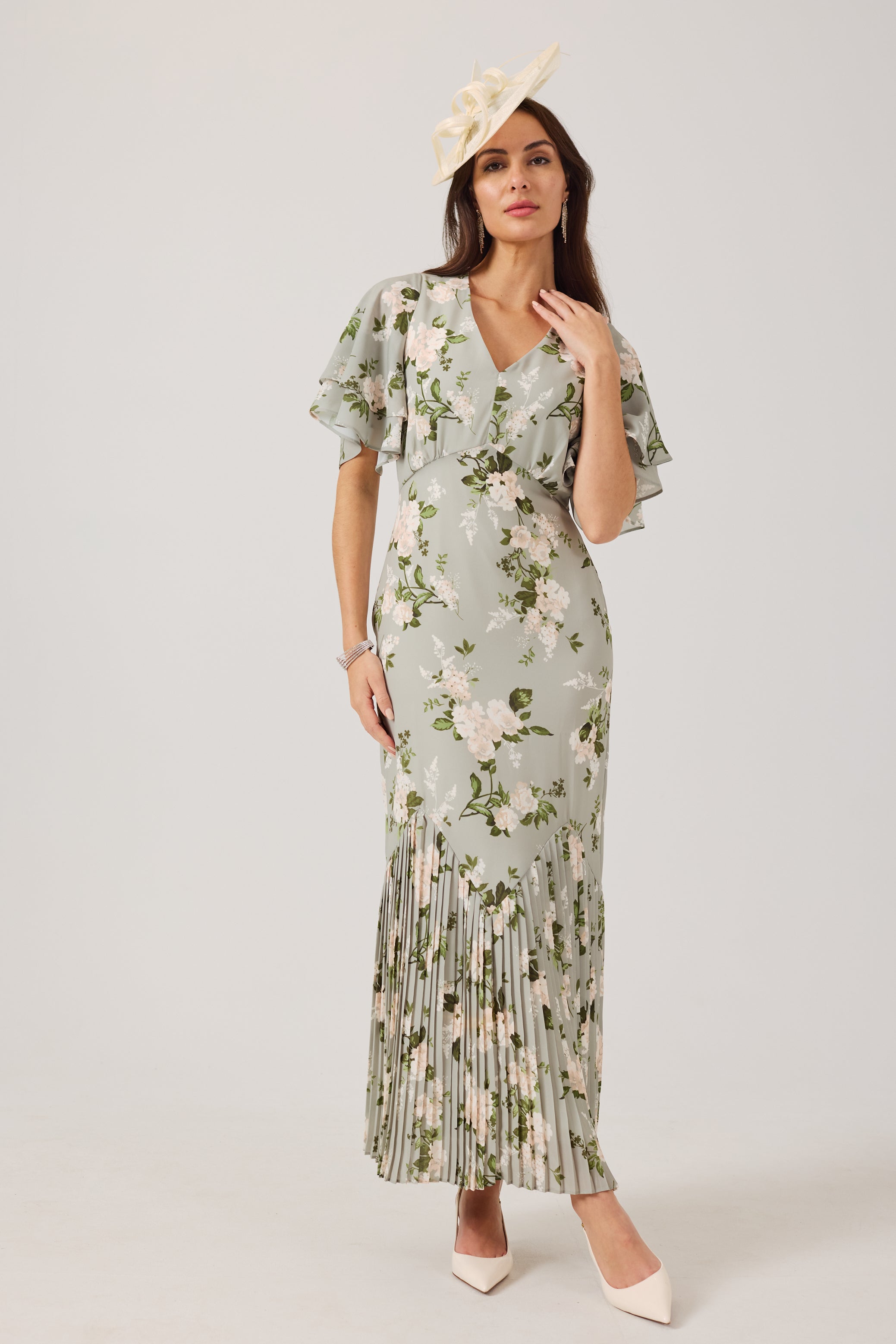 JODIE Green Print Pleat Trim Dress.