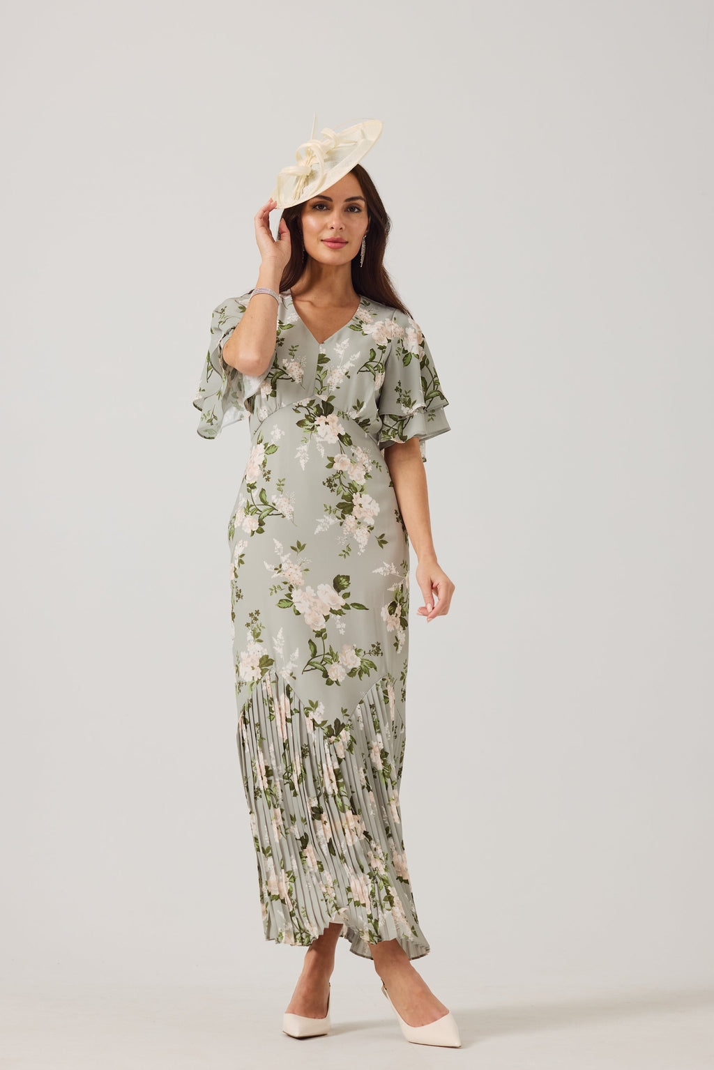 JODIE Green Print Pleat Trim Dress.
