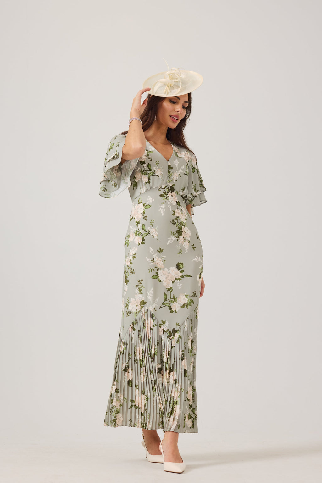 JODIE Green Print Pleat Trim Dress.