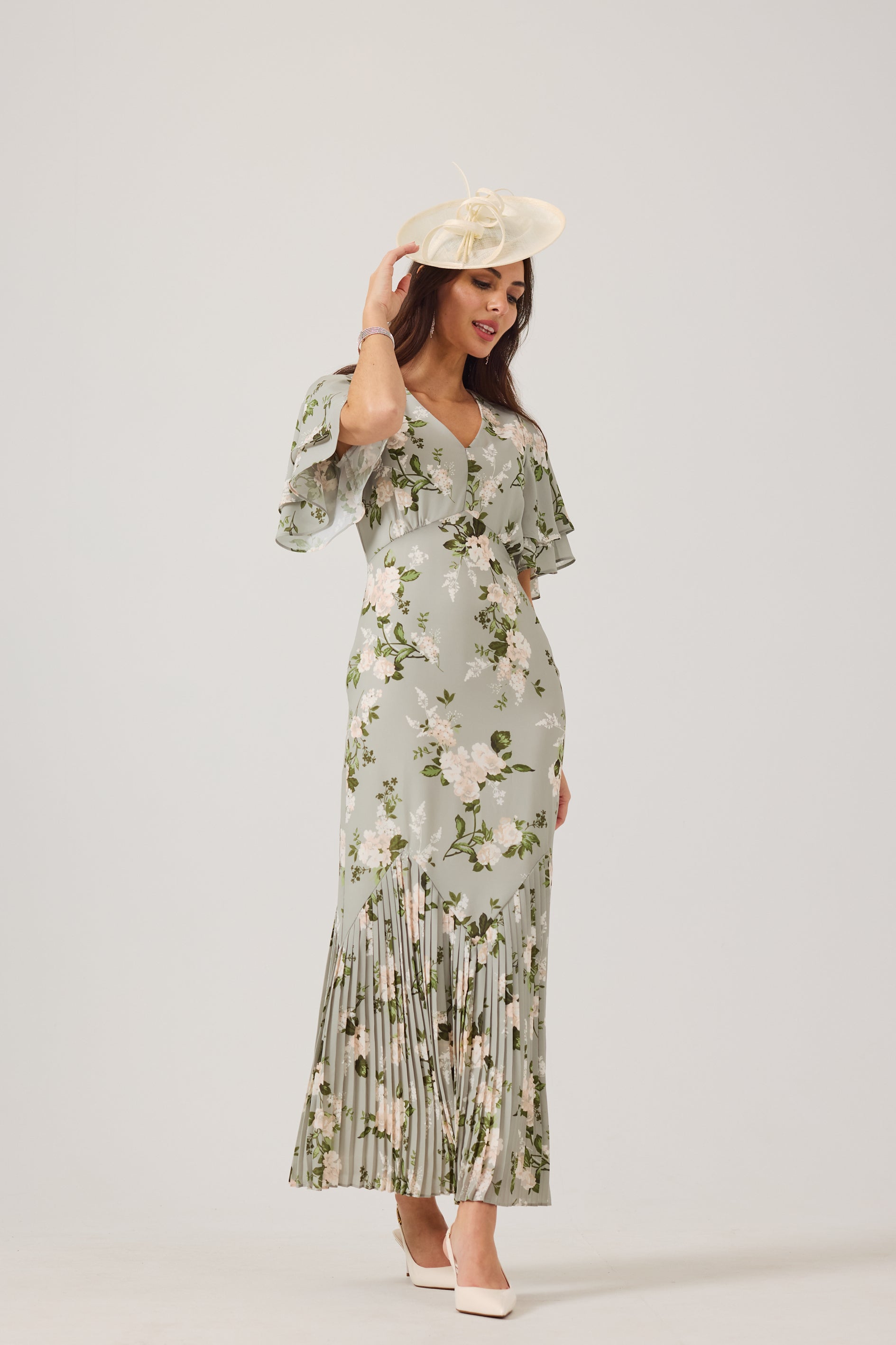 JODIE Green Print Pleat Trim Dress.