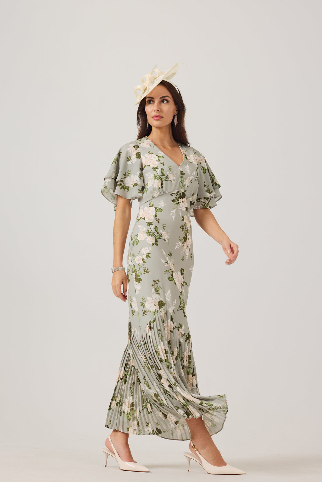 JODIE Green Print Pleat Trim Dress.
