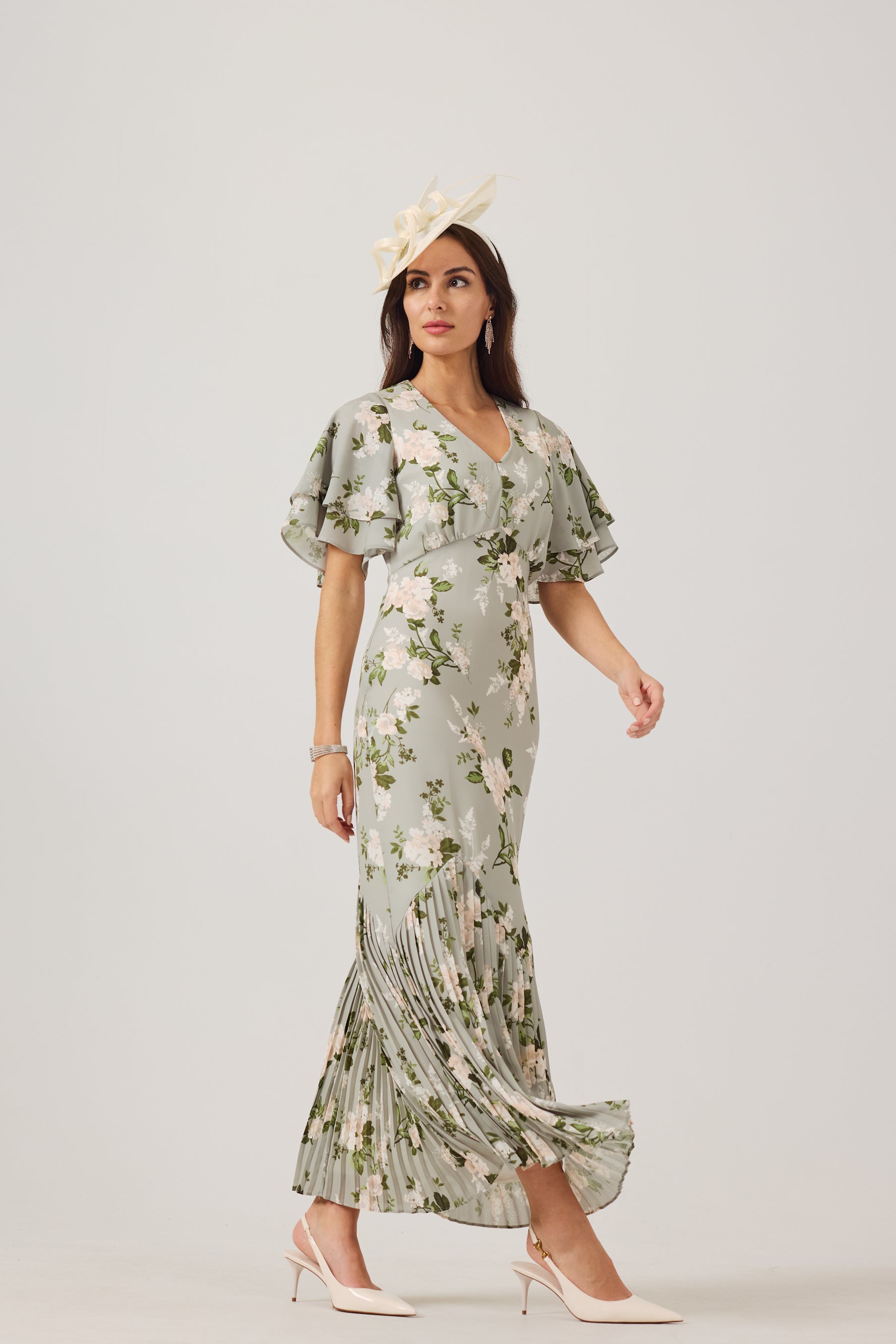 JODIE Green Print Pleat Trim Dress.