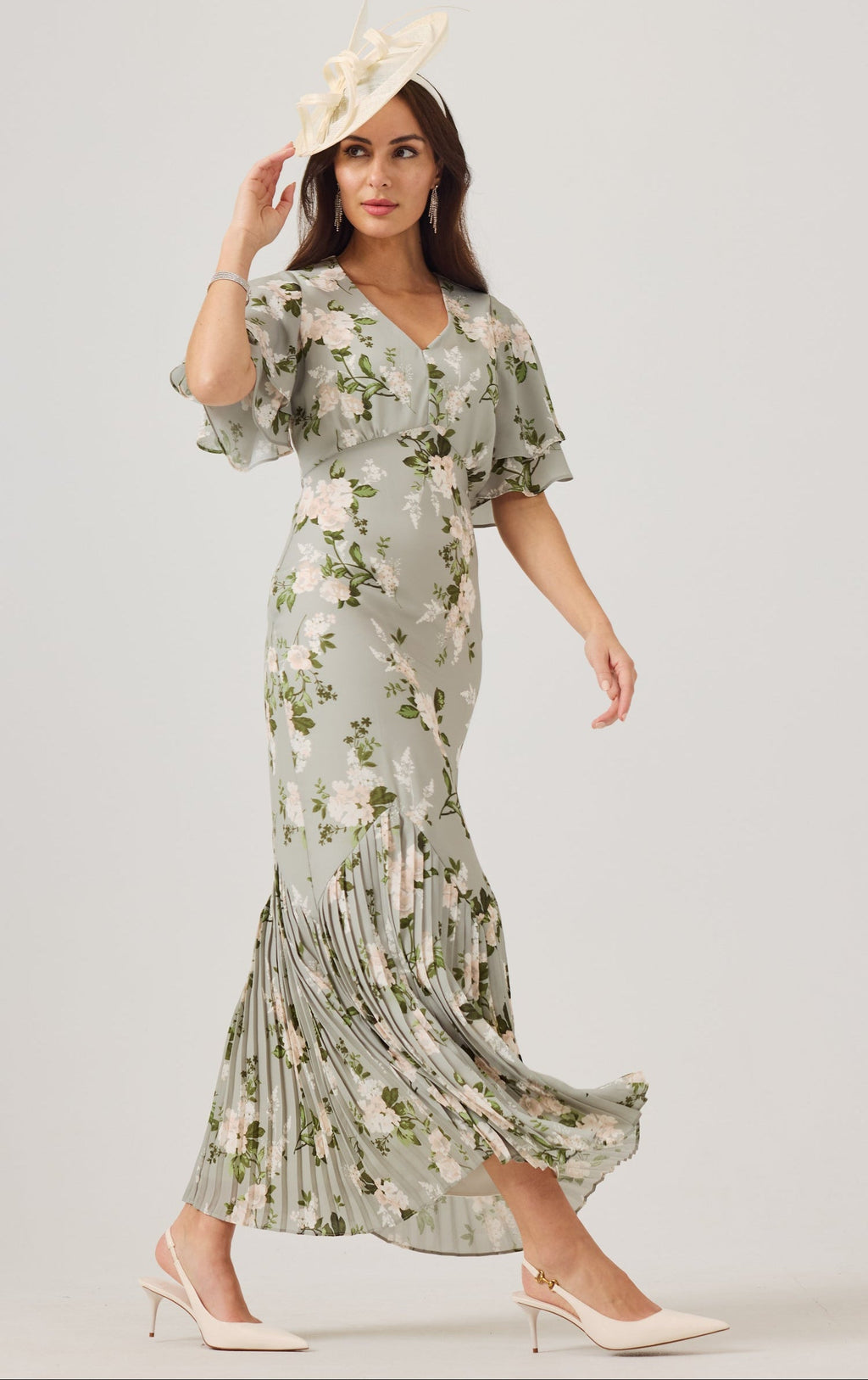 JODIE Green Print Pleat Trim Dress.