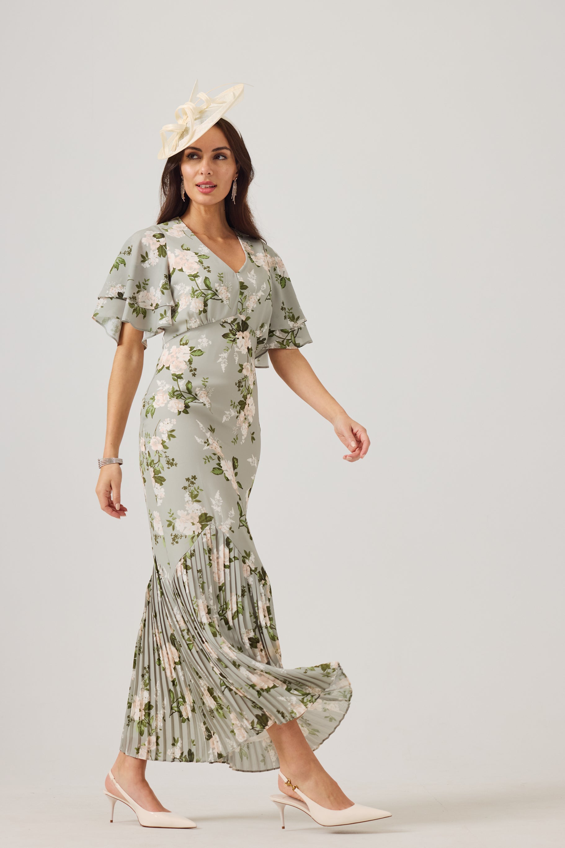 JODIE Green Print Pleat Trim Dress.