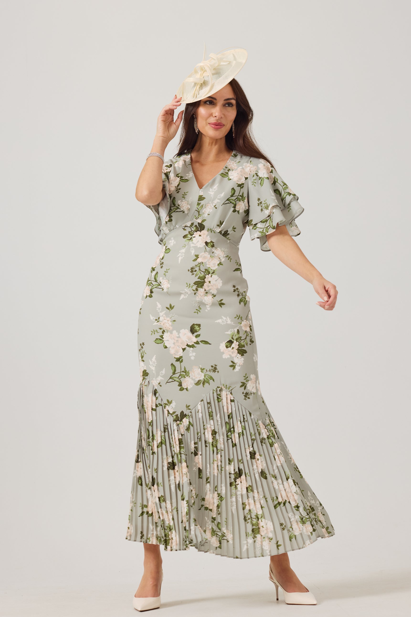 JODIE Green Print Pleat Trim Dress.