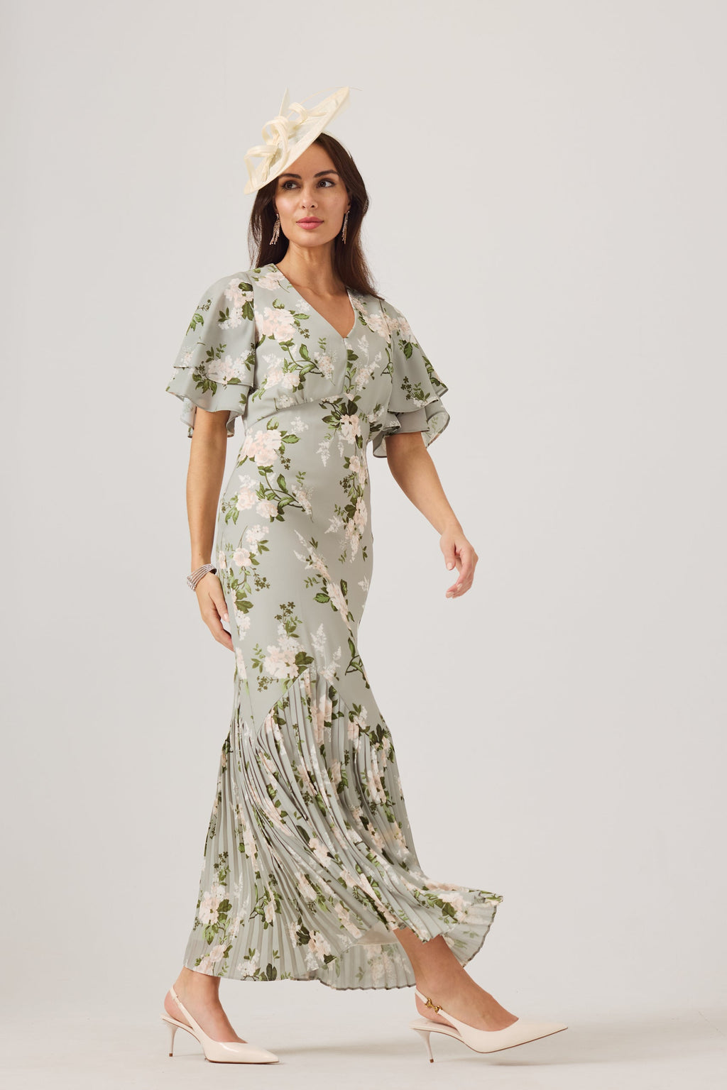 JODIE Green Print Pleat Trim Dress.