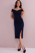 JULIET Navy Draped Bardot Dress.