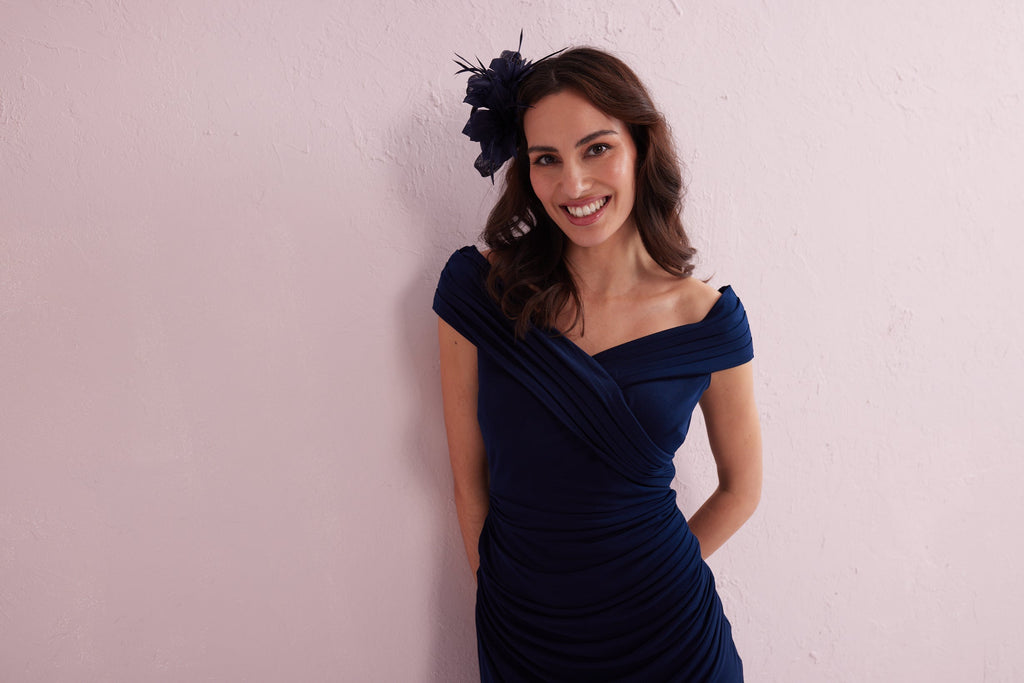 JULIET Navy Draped Bardot Dress.