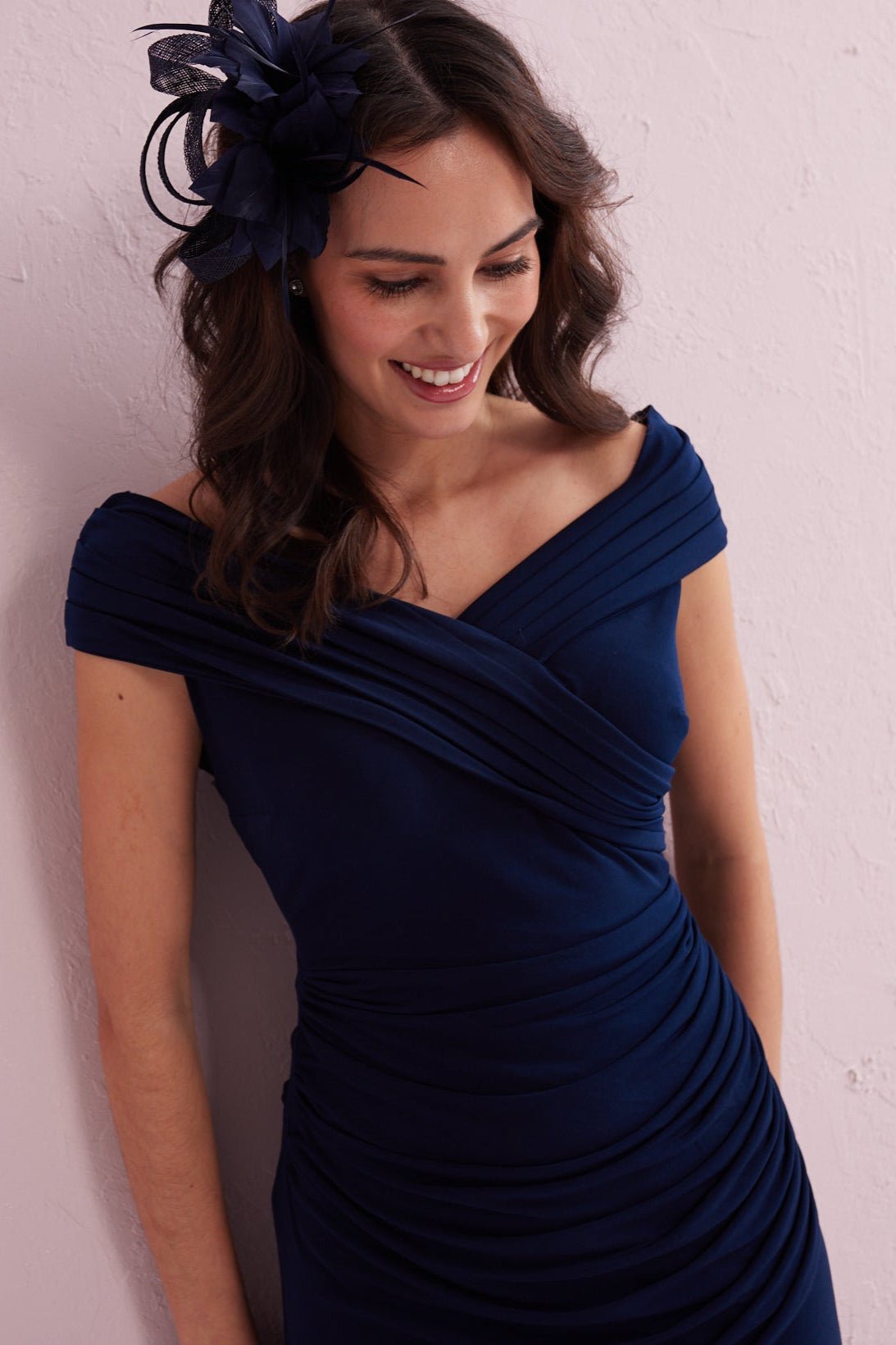 JULIET Navy Draped Bardot Dress.