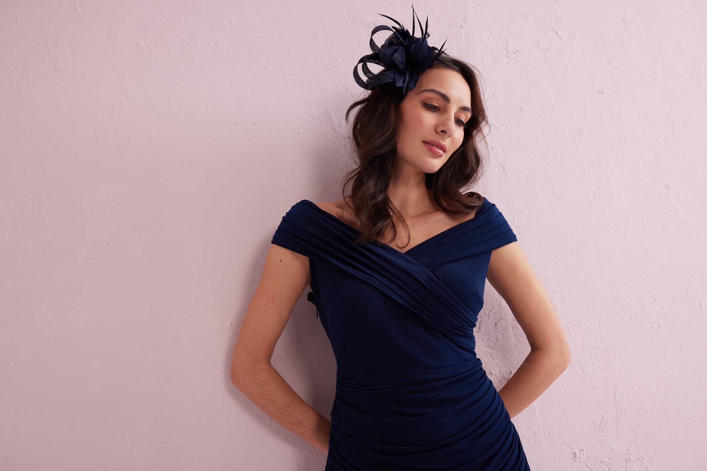 JULIET Navy Draped Bardot Dress.