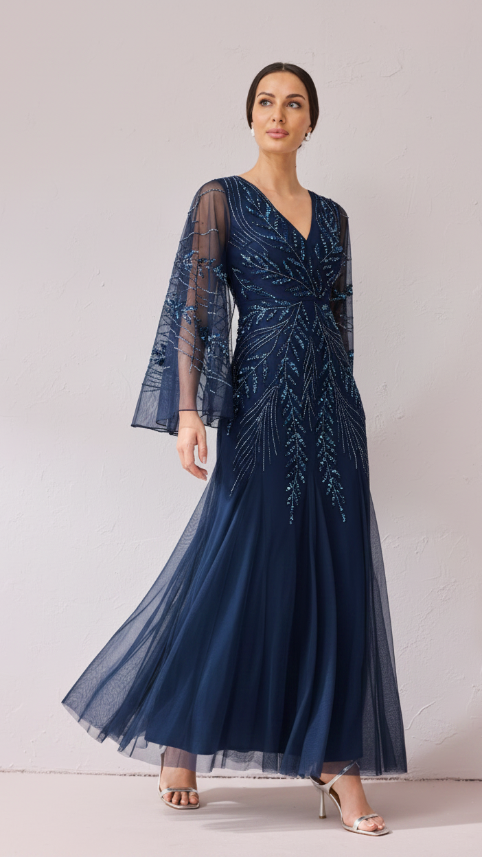 Kirstie Hand Beaded Maxi Godet Dress with Cape detail