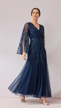Kirstie Hand Beaded Maxi Godet Dress with Cape detail