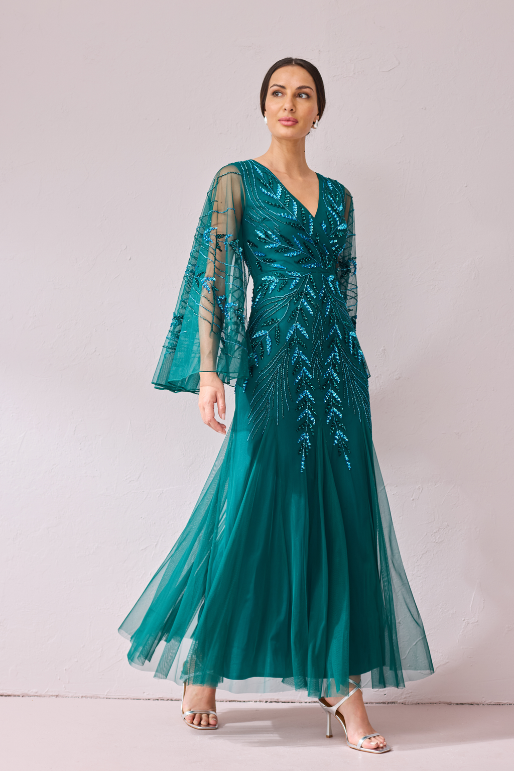 Kirstie Hand Beaded Maxi Godet Dress with Cape detail
