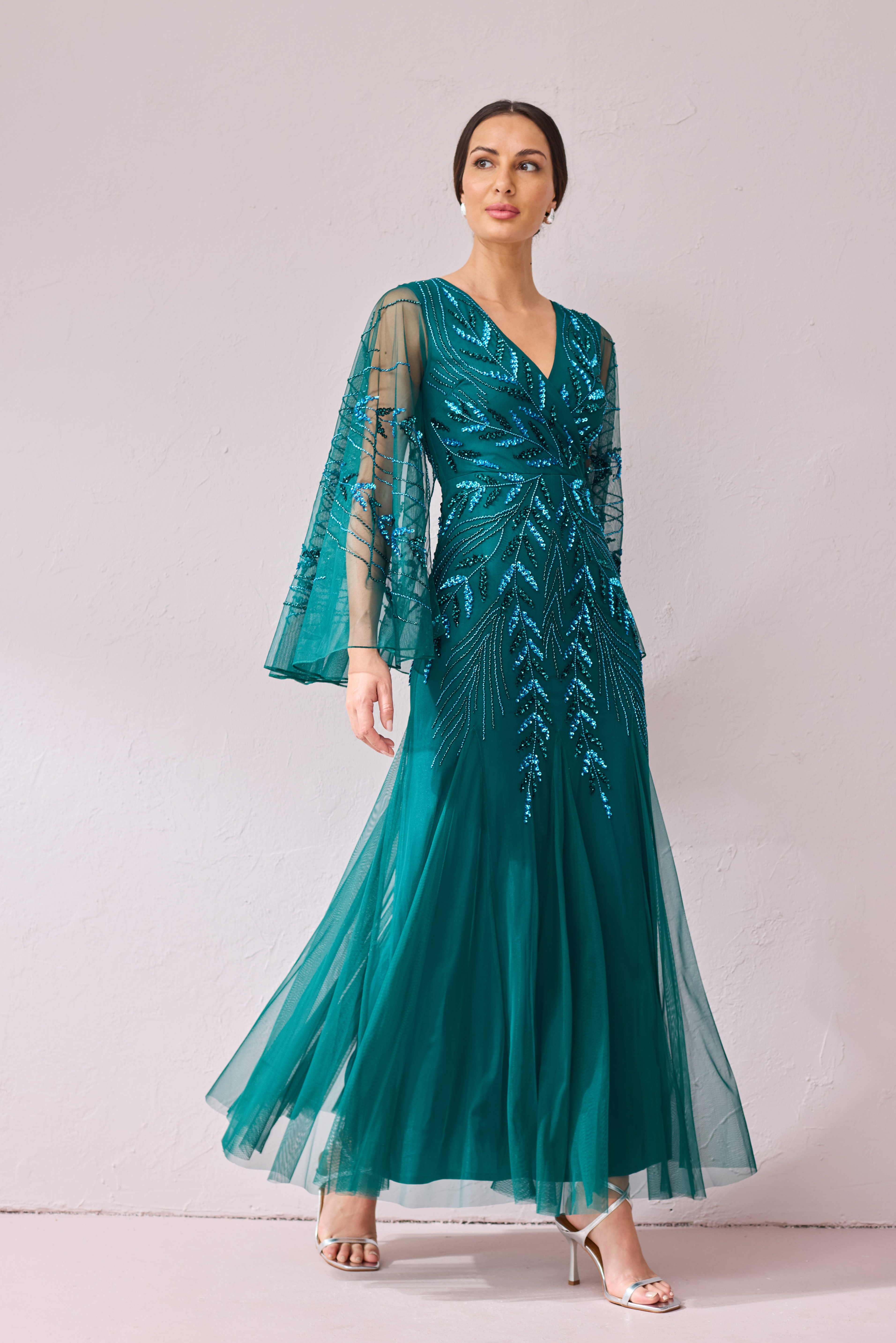 Kirstie Hand Beaded Maxi Godet Dress with Cape detail