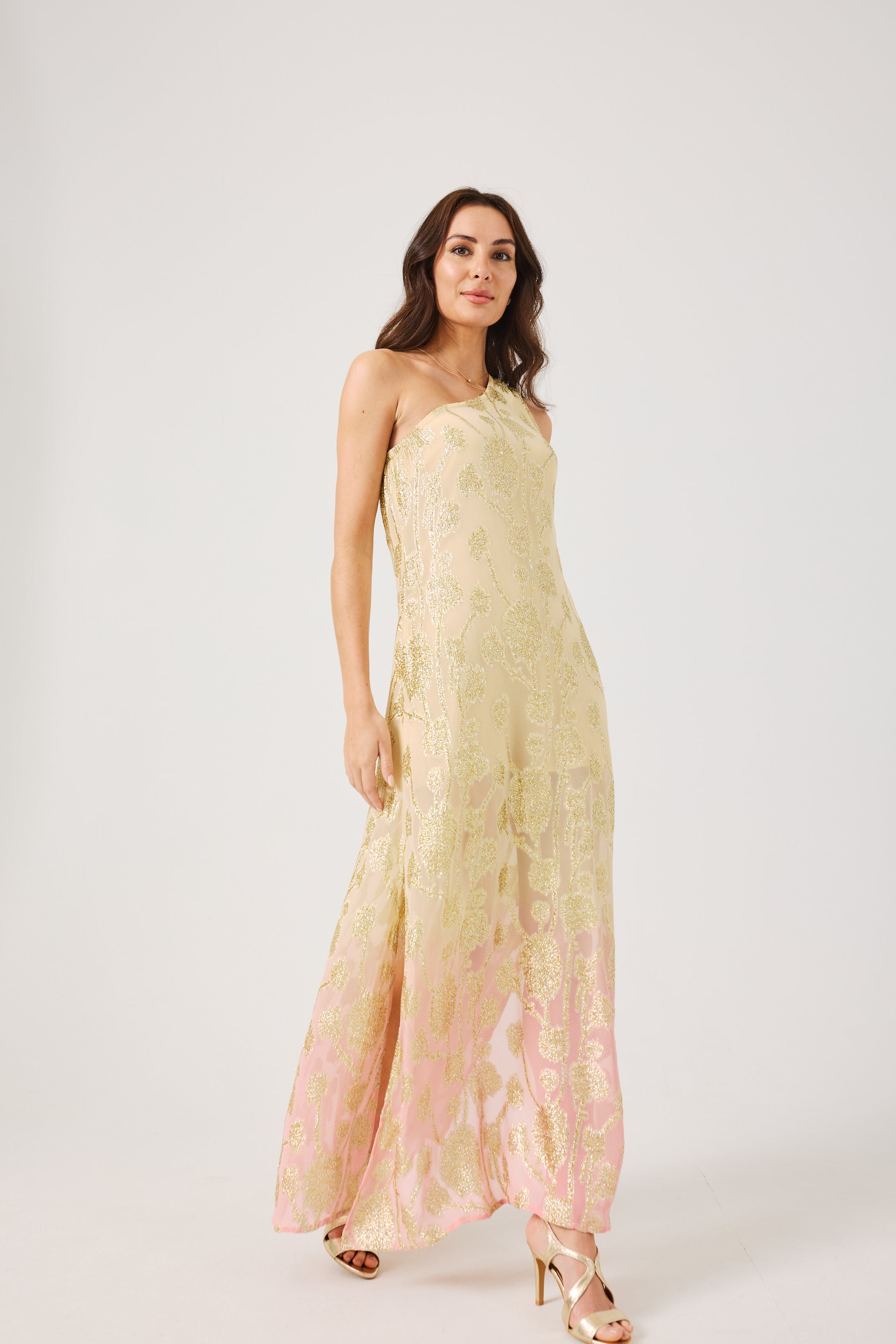 LAYLA Gold Ombre metallic jacquard Dress with scarf.