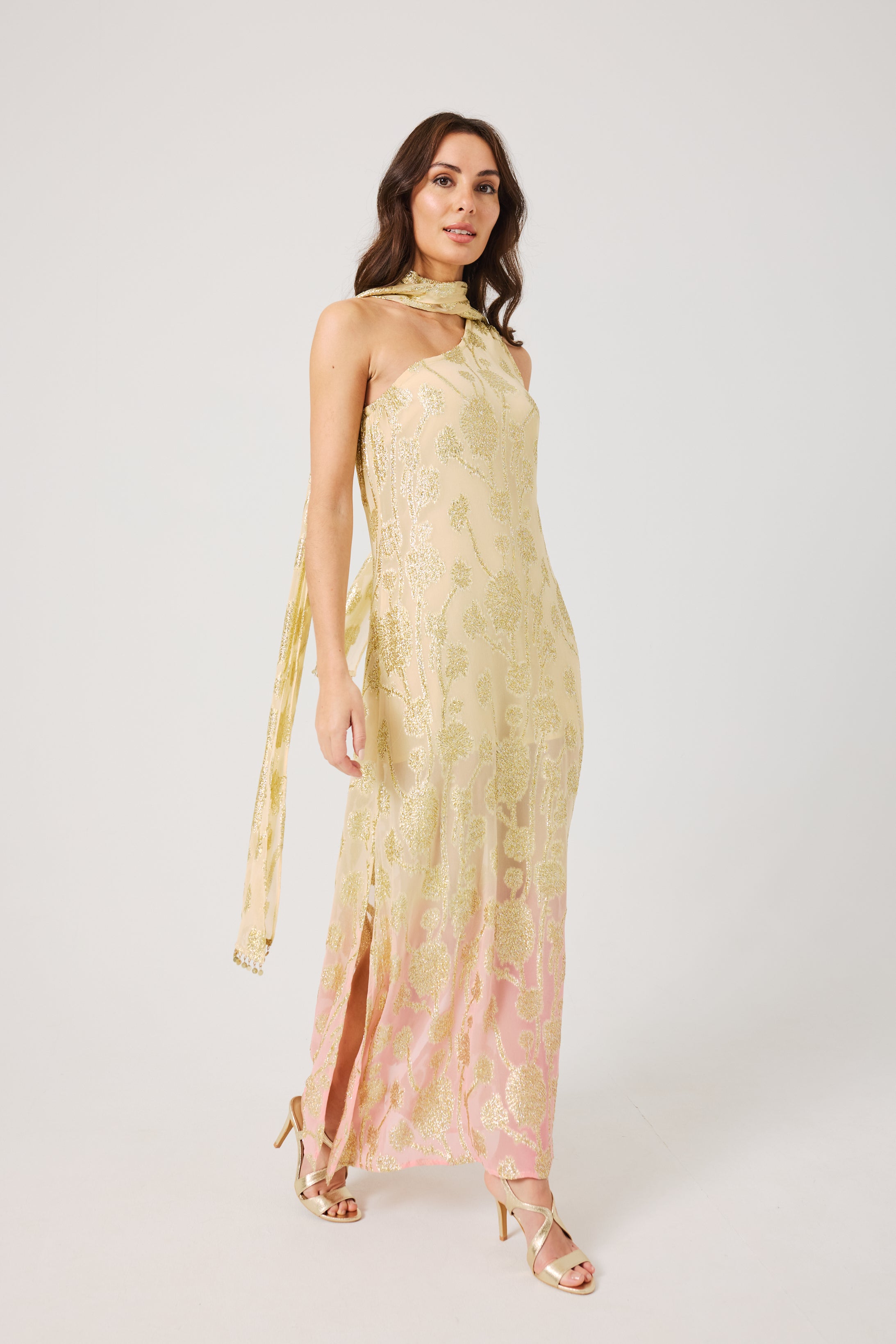 LAYLA Gold Ombre metallic jacquard Dress with scarf.