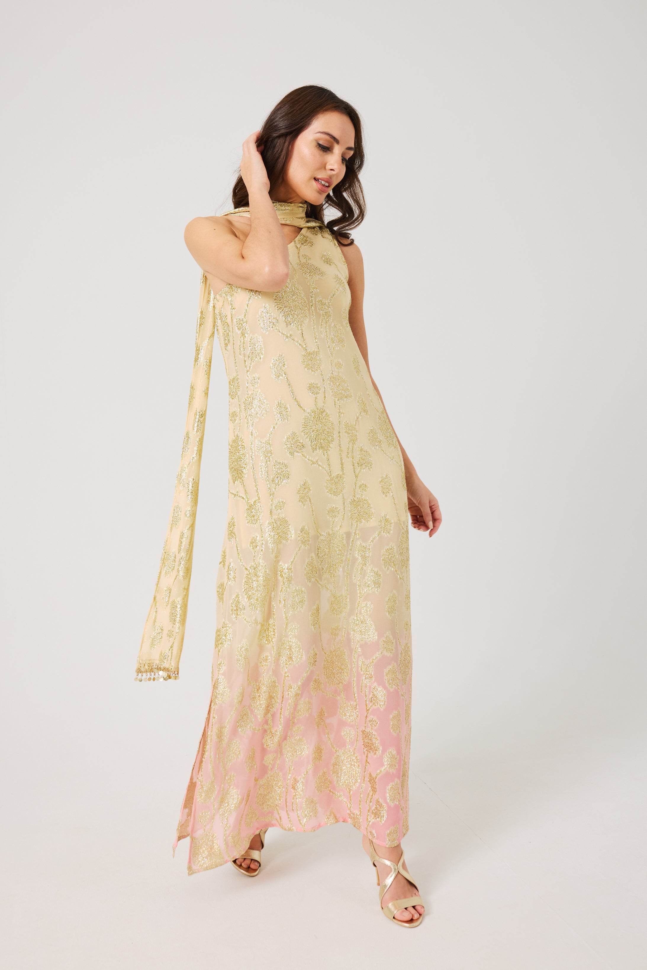 LAYLA Gold Ombre metallic jacquard Dress with scarf.