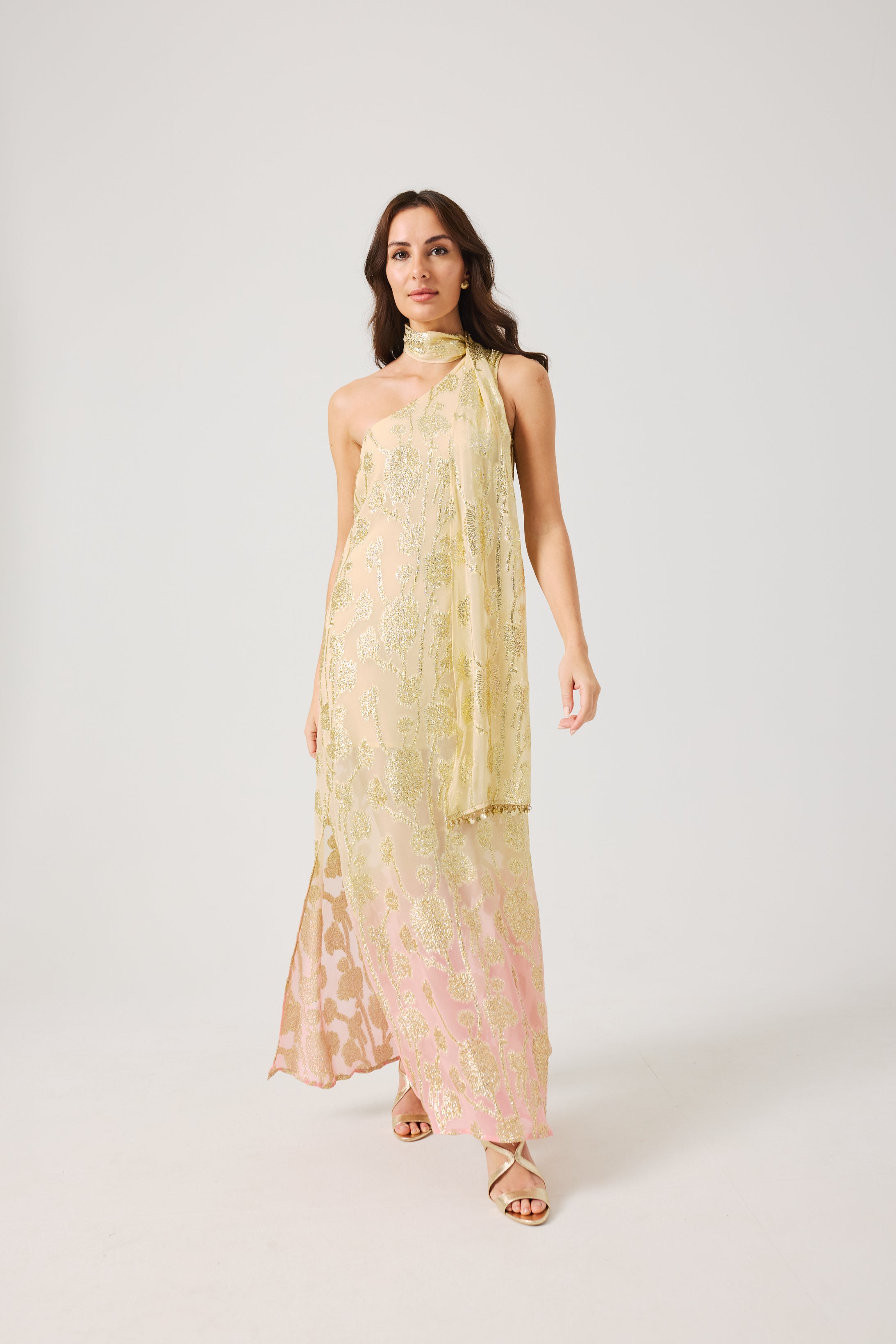 LAYLA Gold Ombre metallic jacquard Dress with scarf.