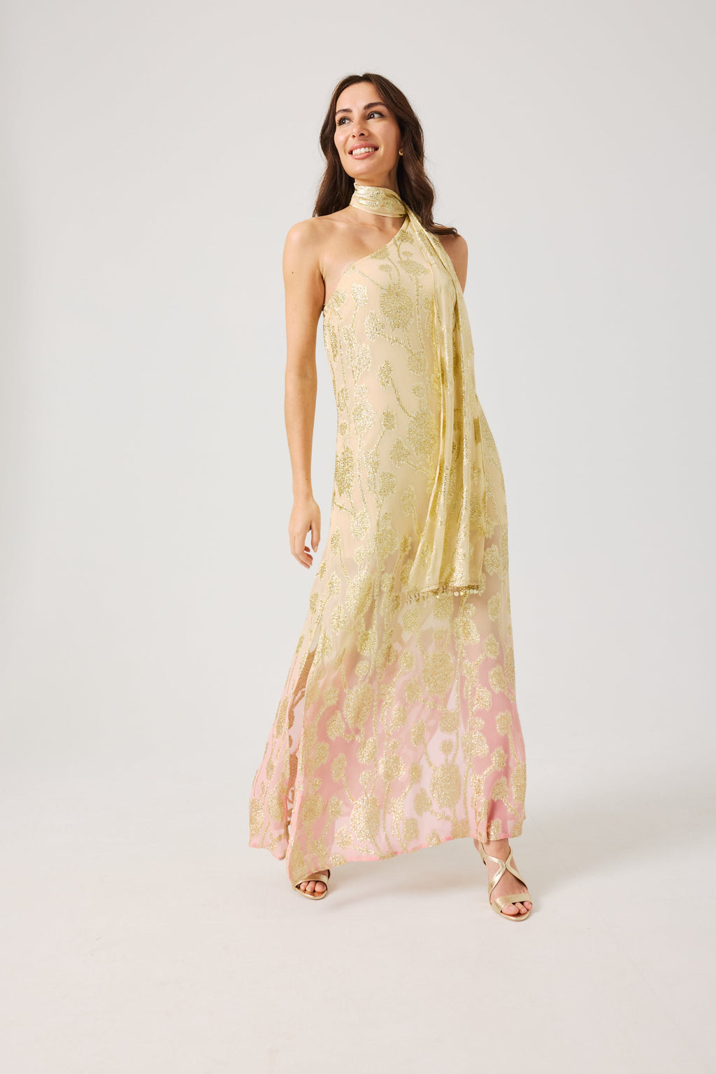 LAYLA Gold Ombre metallic jacquard Dress with scarf.