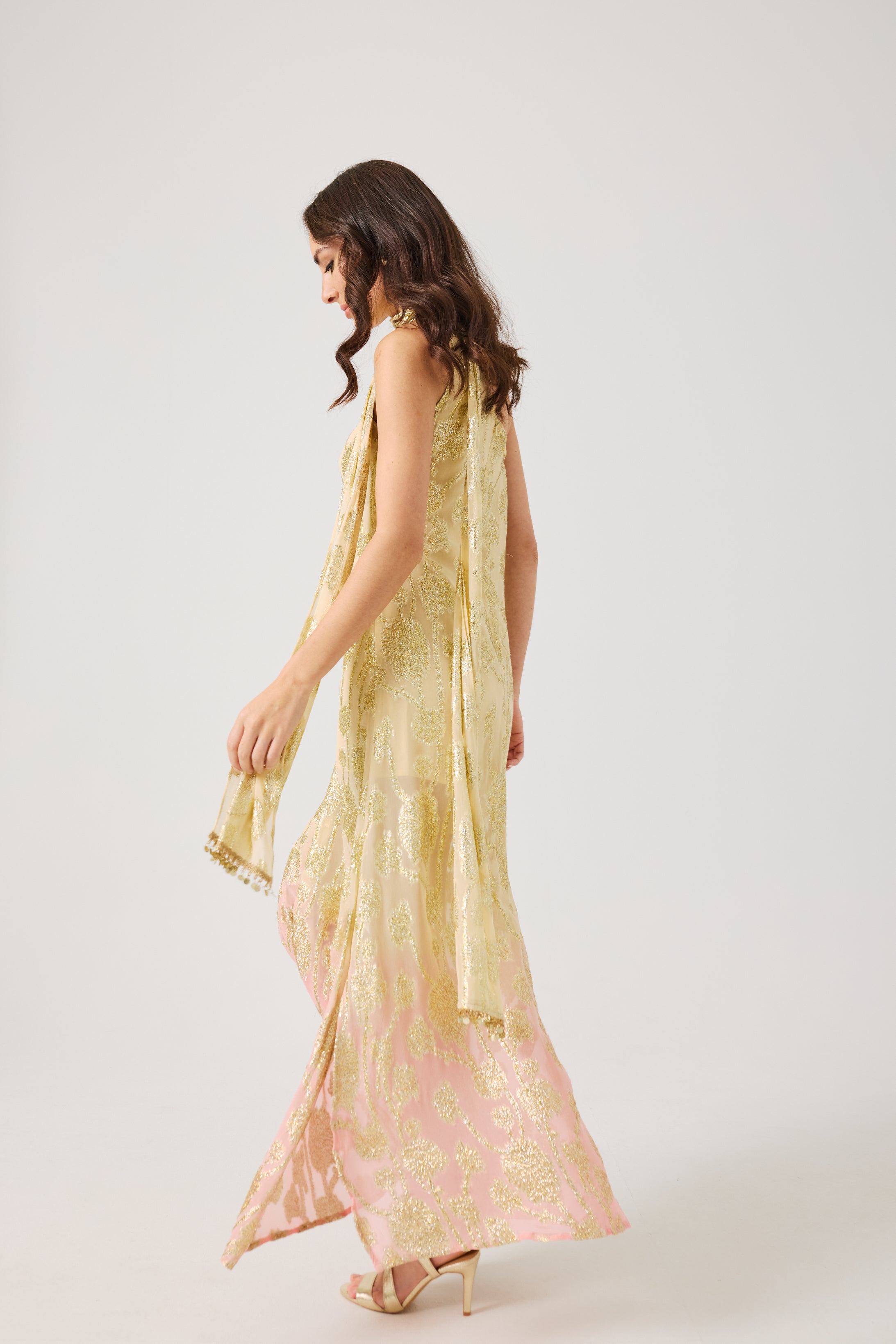 LAYLA Gold Ombre metallic jacquard Dress with scarf.