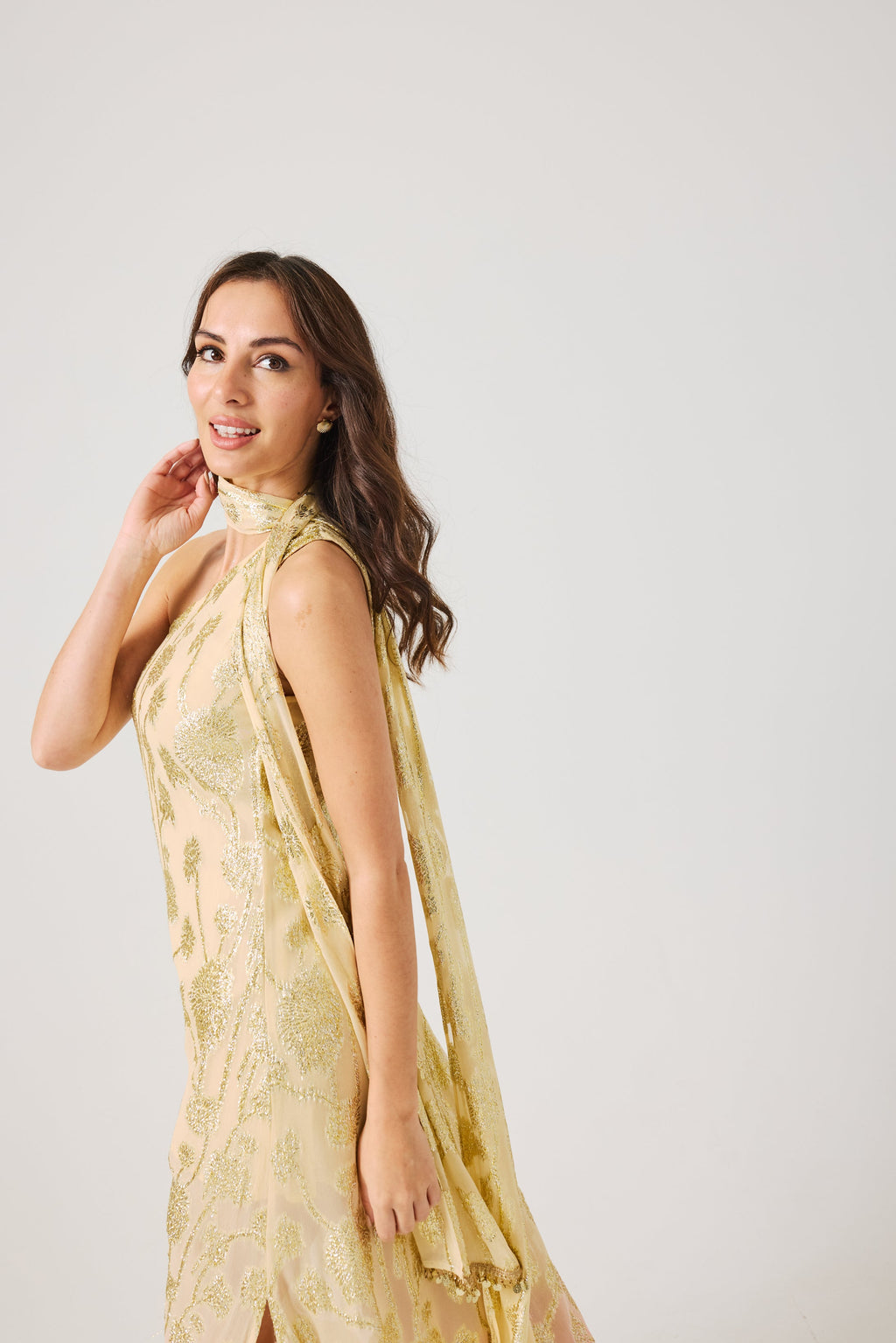 LAYLA Gold Ombre metallic jacquard Dress with scarf.