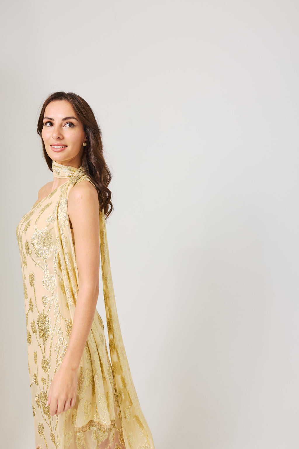 LAYLA Gold Ombre metallic jacquard Dress with scarf.