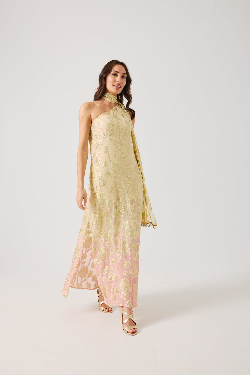 LAYLA Gold Ombre metallic jacquard Dress with scarf.