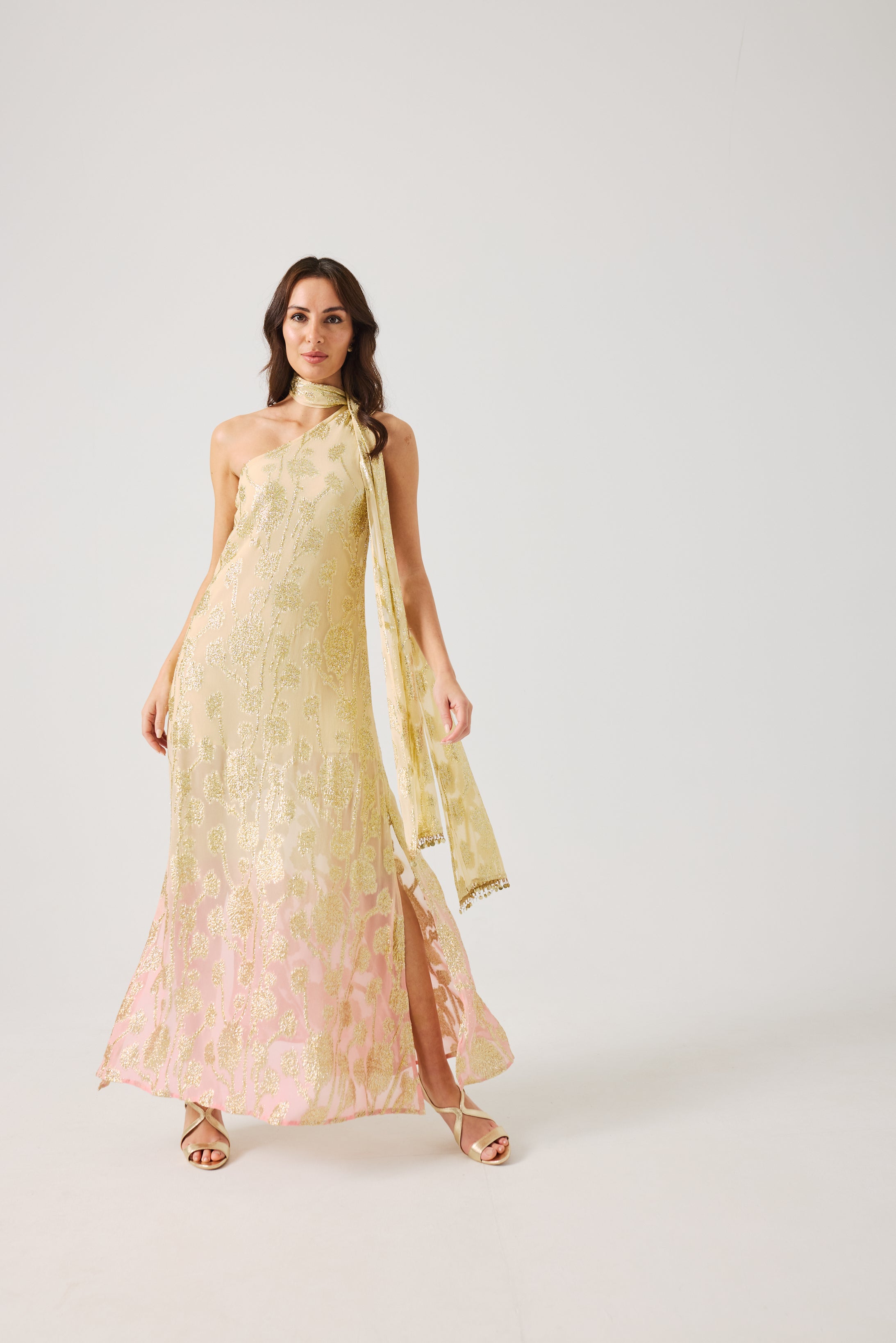 LAYLA Gold Ombre metallic jacquard Dress with scarf.