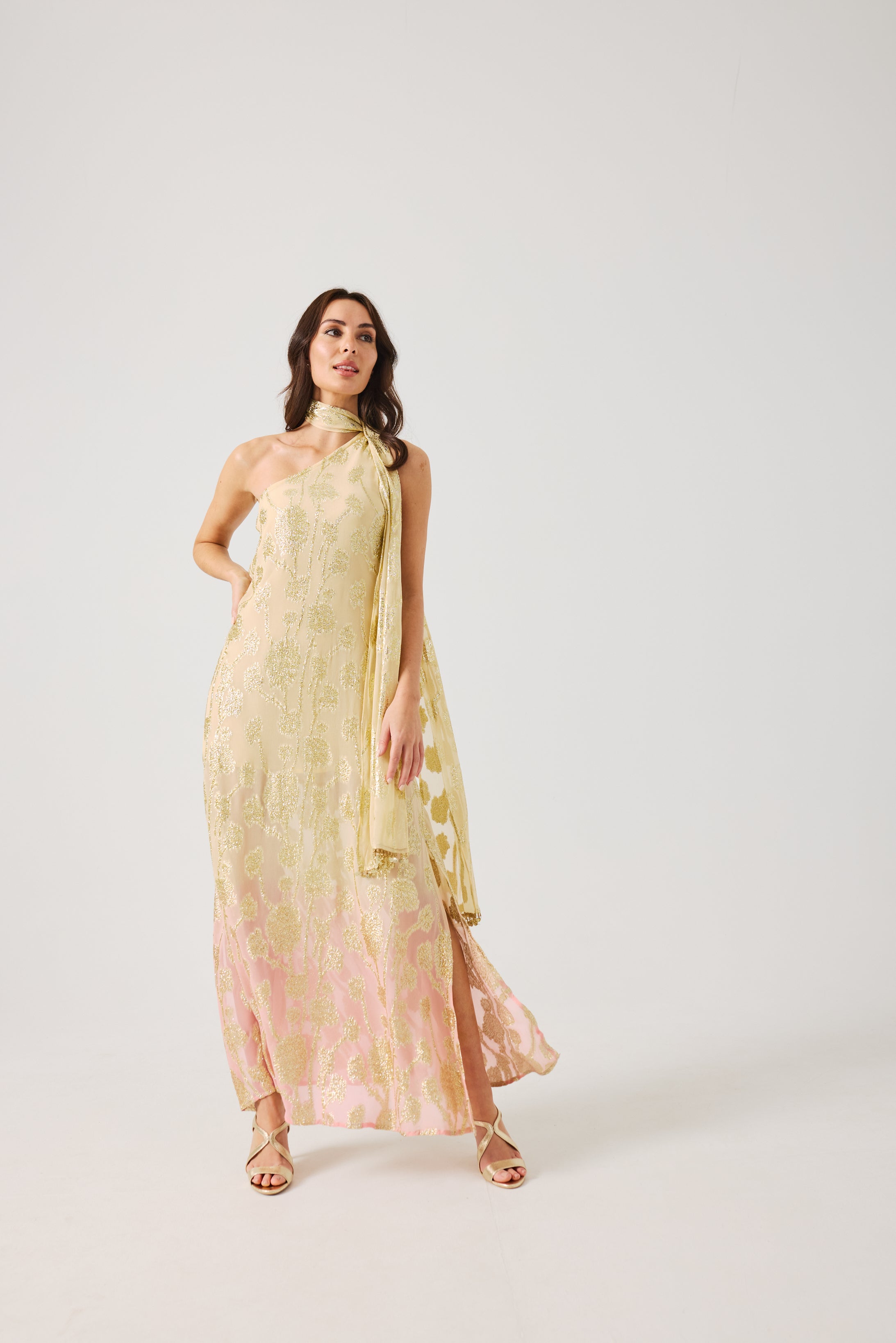 LAYLA Gold Ombre metallic jacquard Dress with scarf.
