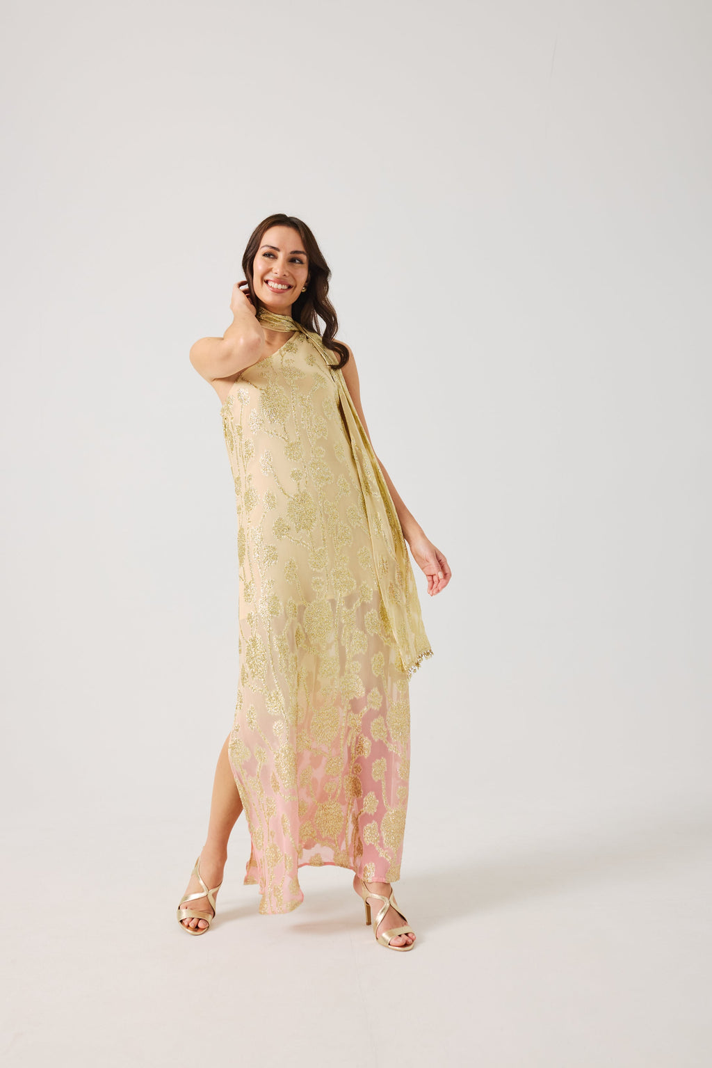 LAYLA Gold Ombre metallic jacquard Dress with scarf.