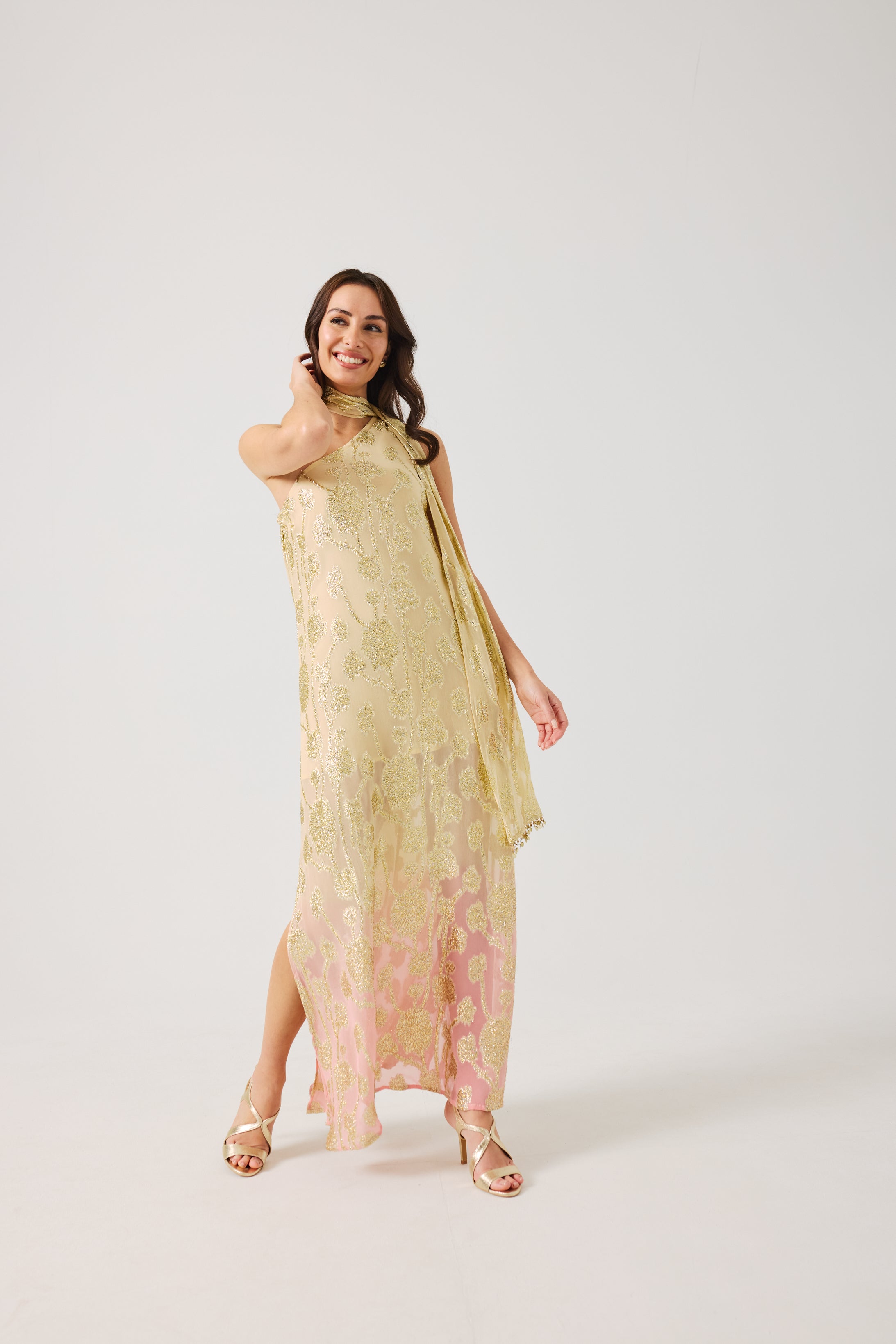 LAYLA Gold Ombre metallic jacquard Dress with scarf.