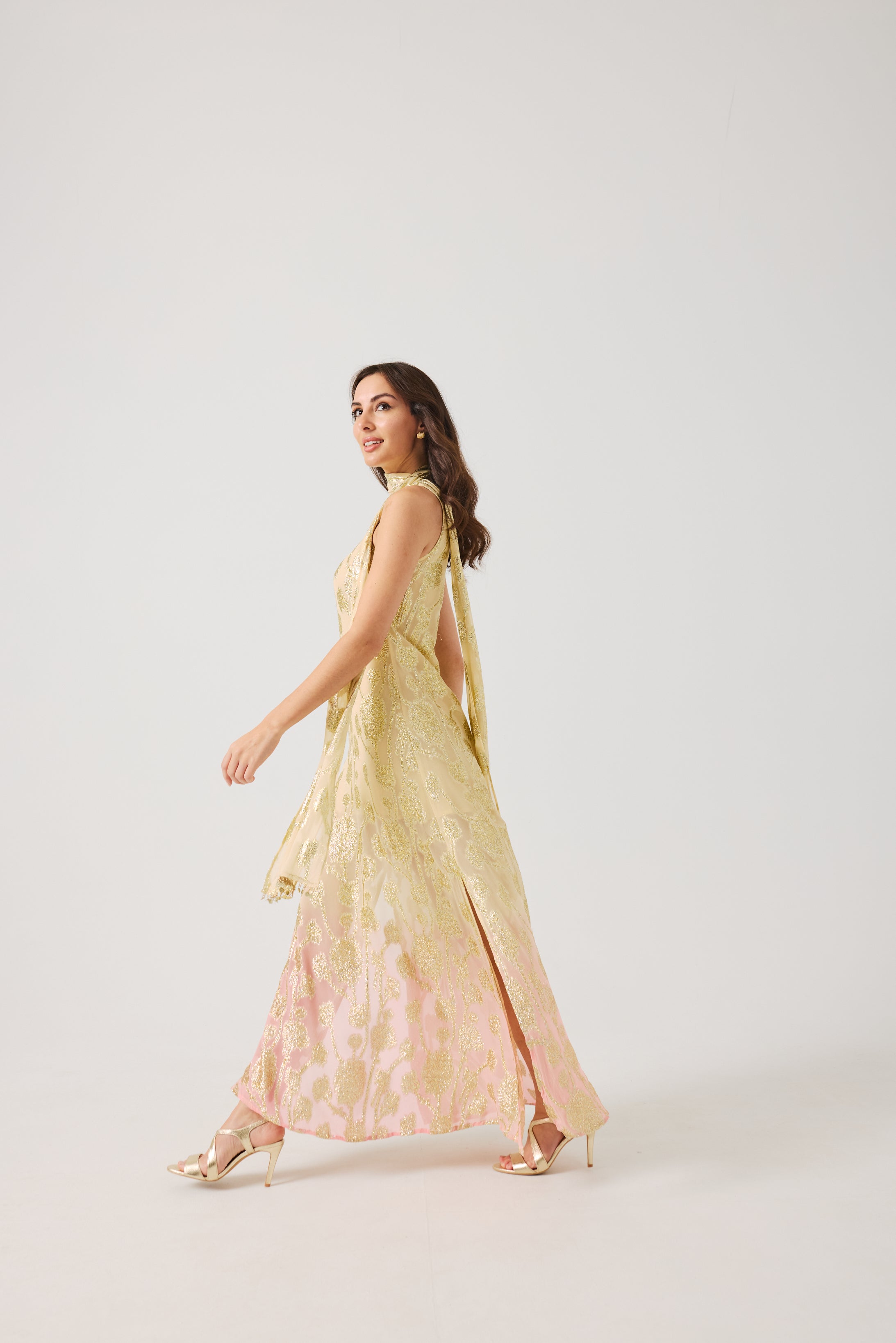 LAYLA Gold Ombre metallic jacquard Dress with scarf.