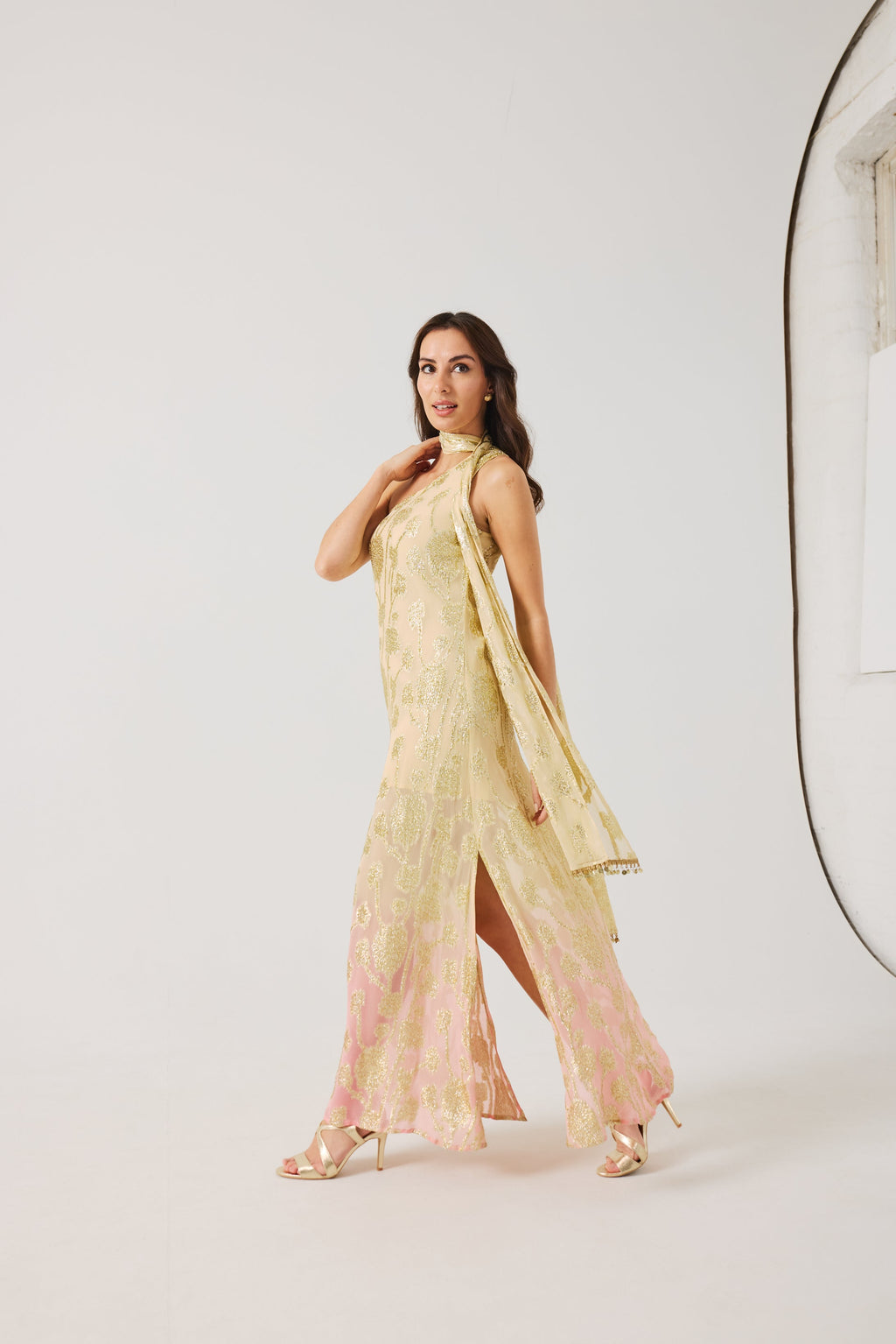 LAYLA Gold Ombre metallic jacquard Dress with scarf.