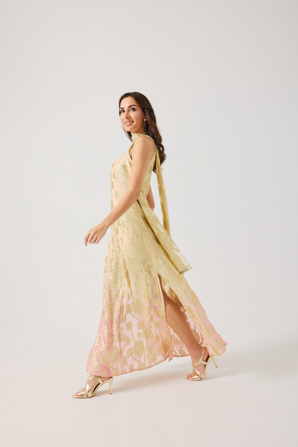 LAYLA Gold Ombre metallic jacquard Dress with scarf.