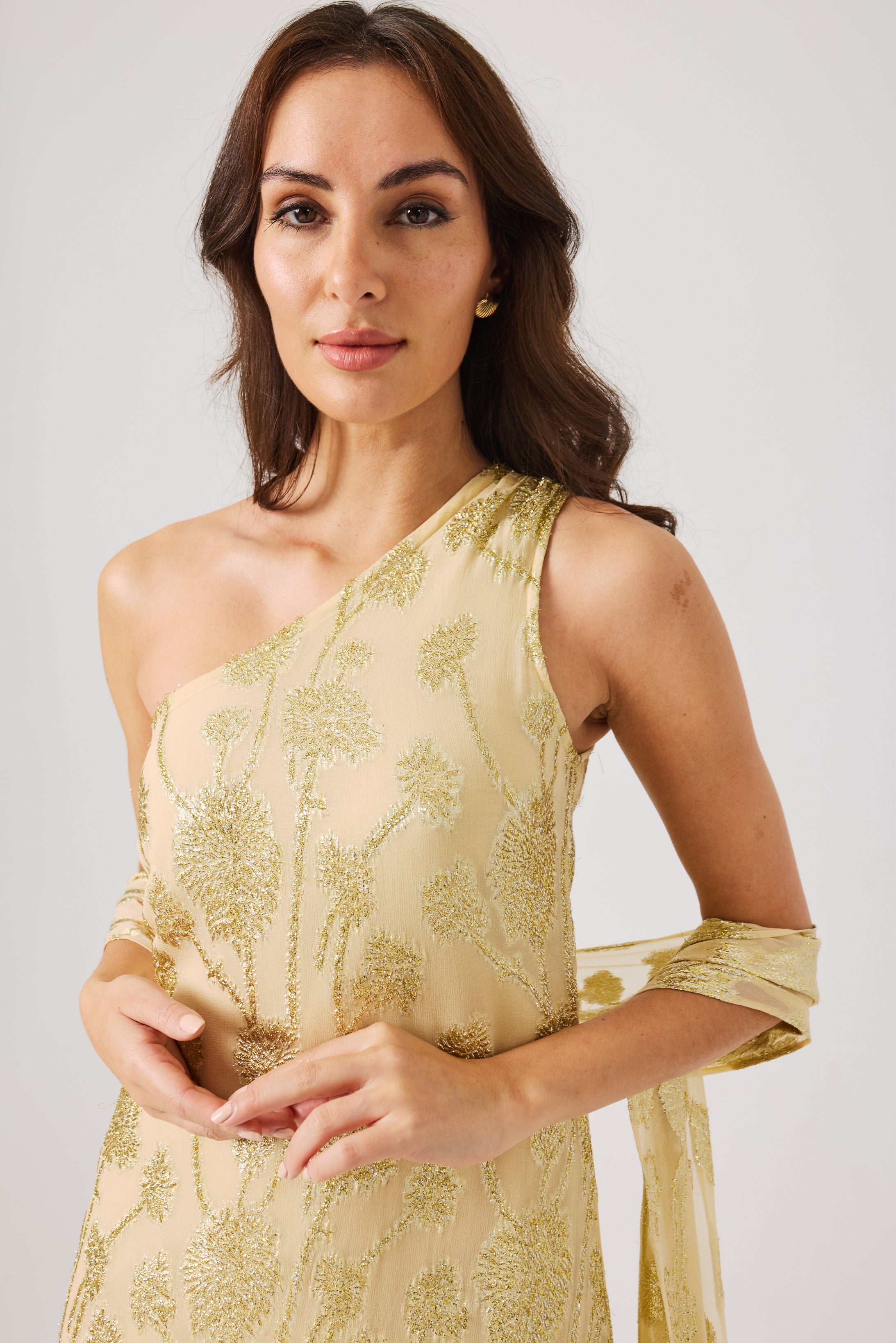 LAYLA Gold Ombre metallic jacquard Dress with scarf.
