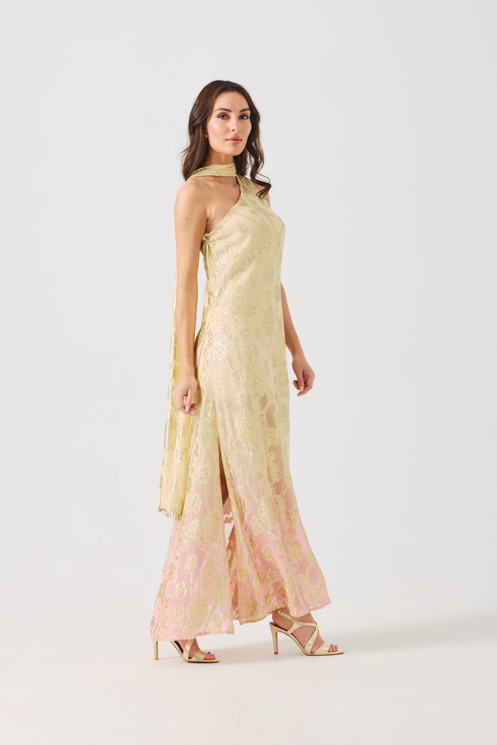 LAYLA Gold Ombre metallic jacquard Dress with scarf.