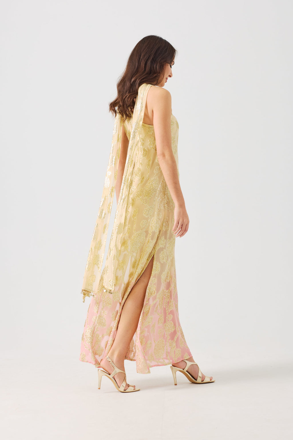 LAYLA Gold Ombre metallic jacquard Dress with scarf.