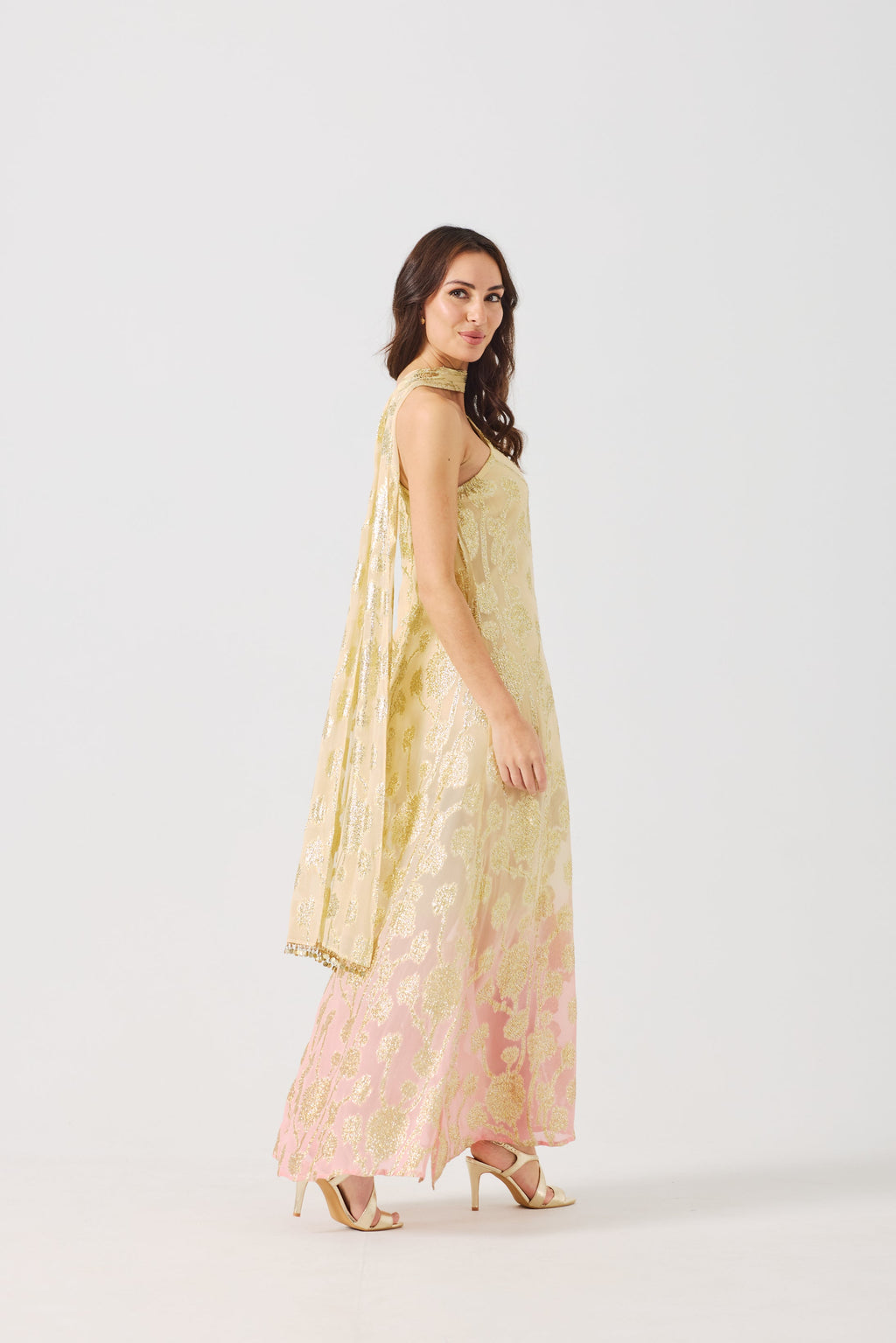 LAYLA Gold Ombre metallic jacquard Dress with scarf.