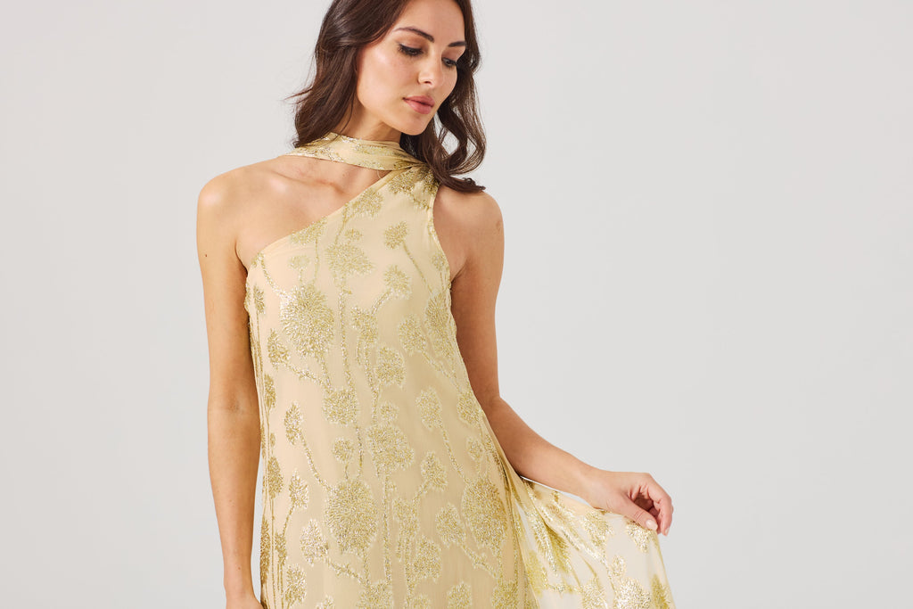 LAYLA Gold Ombre metallic jacquard Dress with scarf.