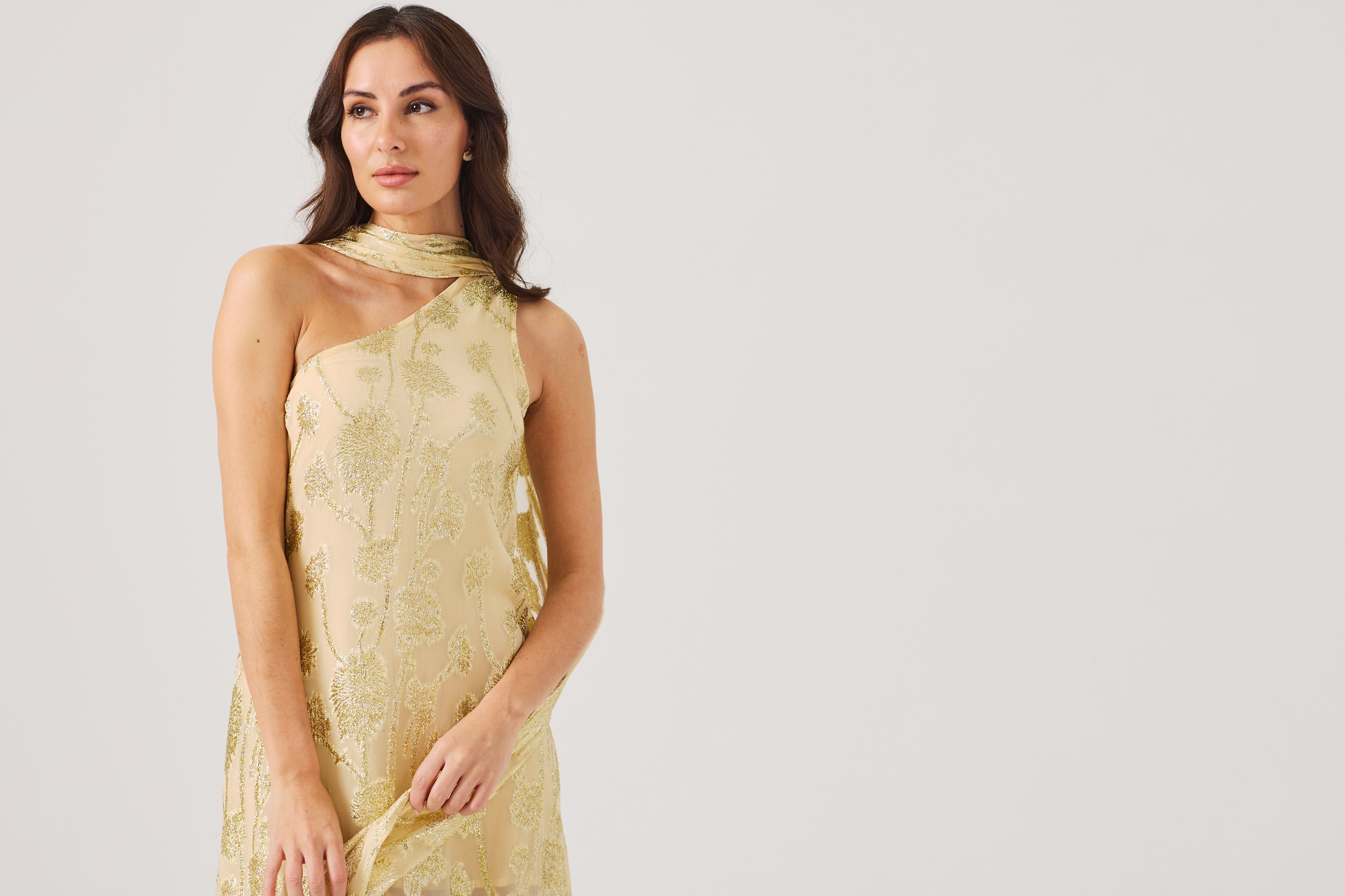 LAYLA Gold Ombre metallic jacquard Dress with scarf.