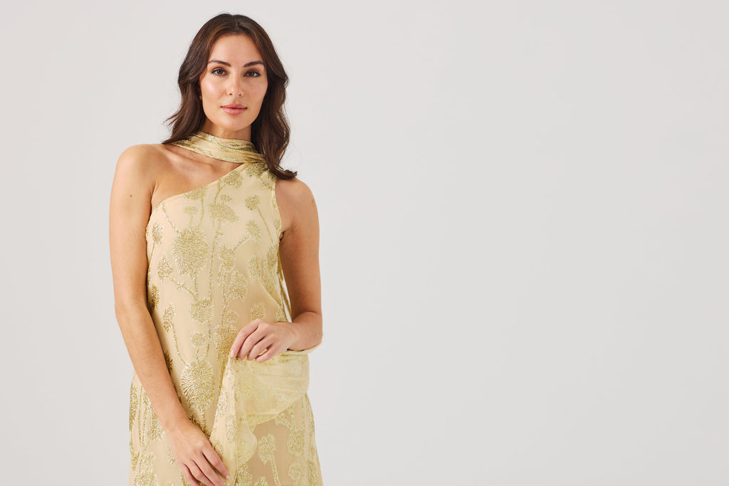 LAYLA Gold Ombre metallic jacquard Dress with scarf.